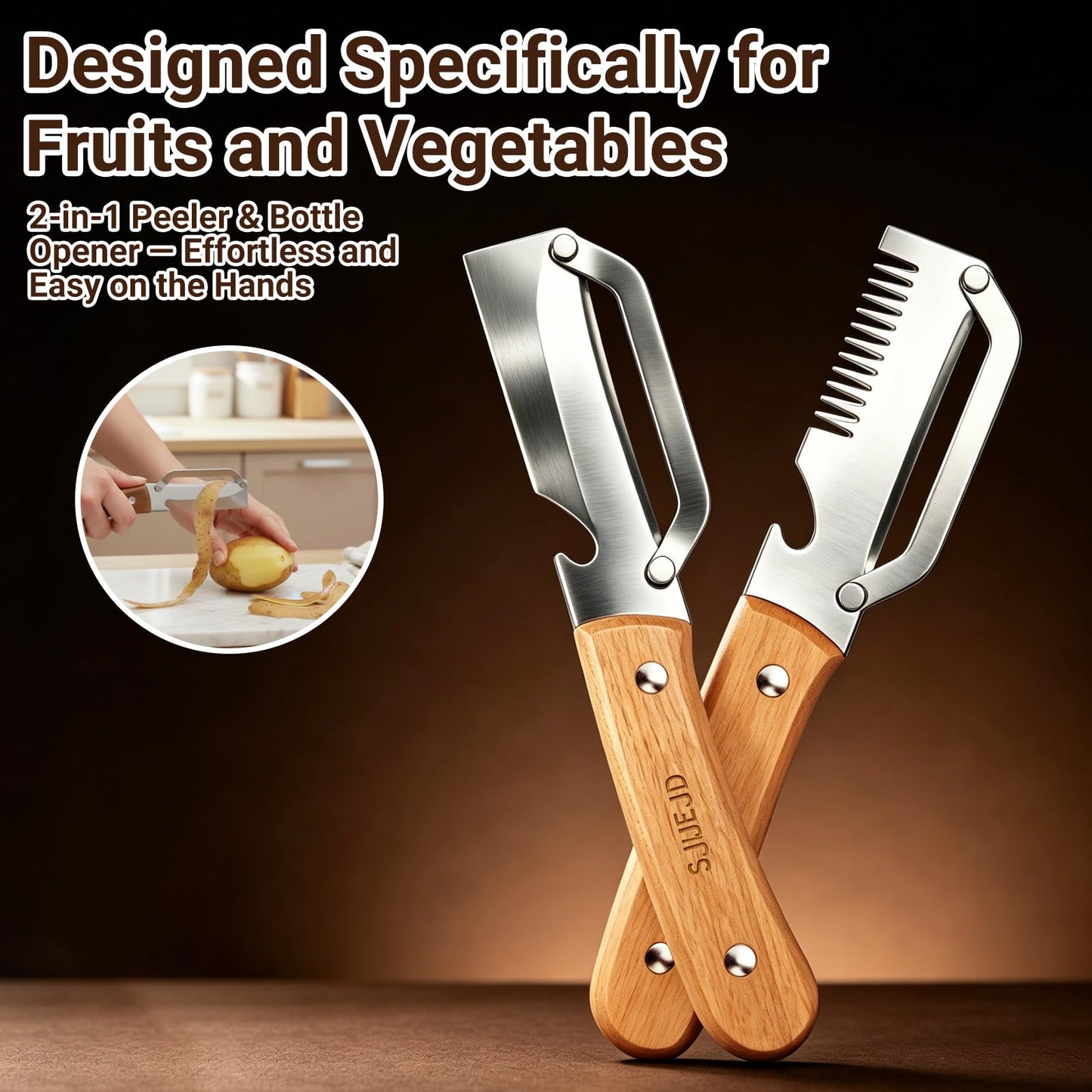 Multifunctional Vegetable Peeler for Kitchen Tool Wooden Smooth Handle and Bottle Opener, Made of Stainless Steel 2 in 1 Potato Garlic Cucumber Orange Pumpkin Fruit (Sliced Style(2PCS))