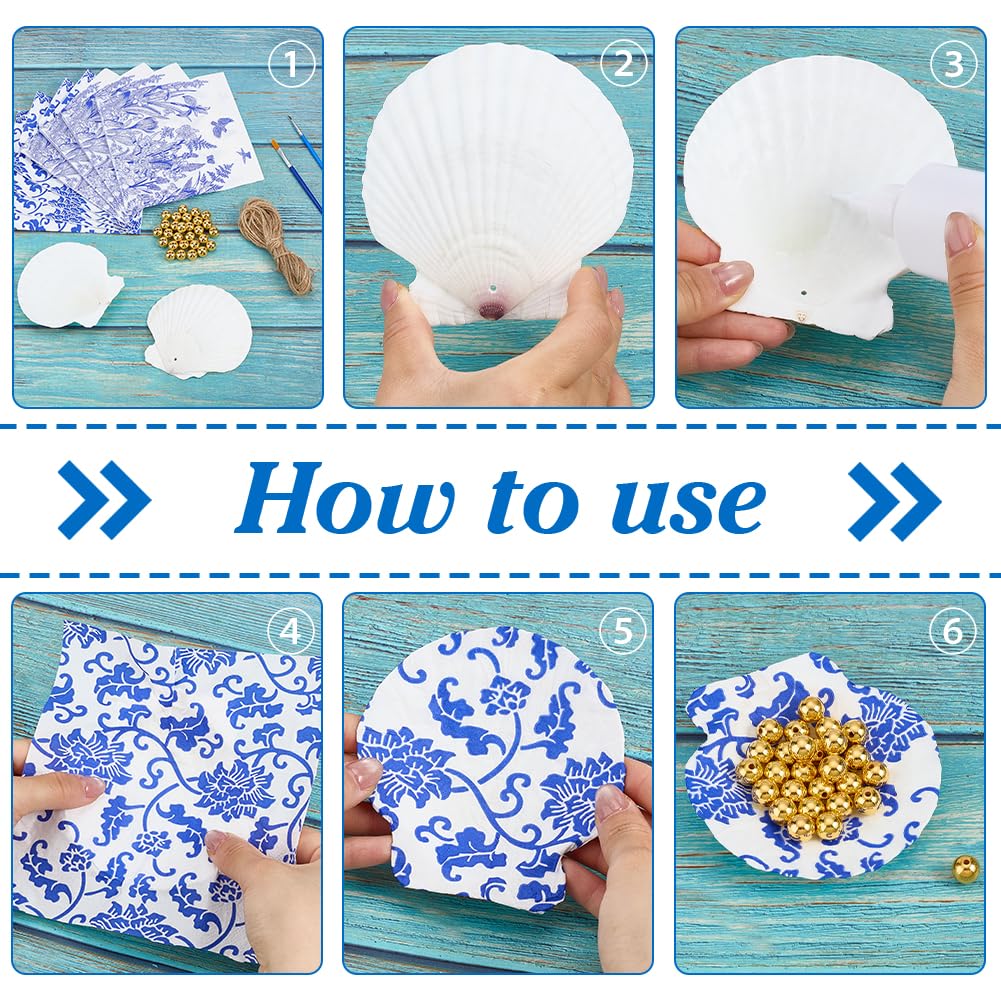PH PandaHall 12 Set Scallop Shells Decoupage Kit, White Natural Large Shells with 24pcs Decoupage Paper 10m Cord 2pcs Paint Brush 30pcs Gold Bead Seashell Painting Kit for DIY Crafts Tray Decor Making
