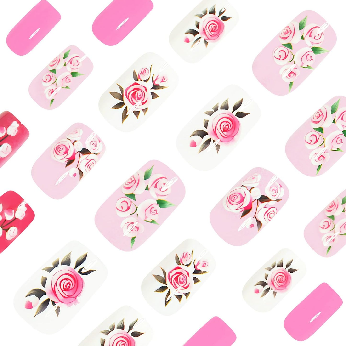 Pink Press on Nails Medium Length Fake Nails with Rose designs Acrylic Press ones Full Cover Romantic Valentine Glue on Nails Glossy Reusable Stick on Nail for Women Finger Manicure Decor24pcs