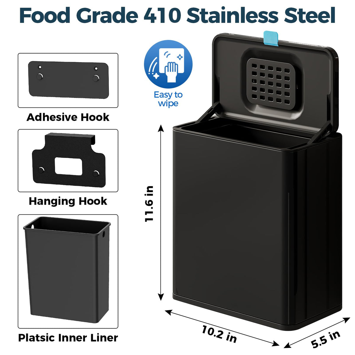 Stainless Steel Hanging Trash Can with Lid and Inner Bucket