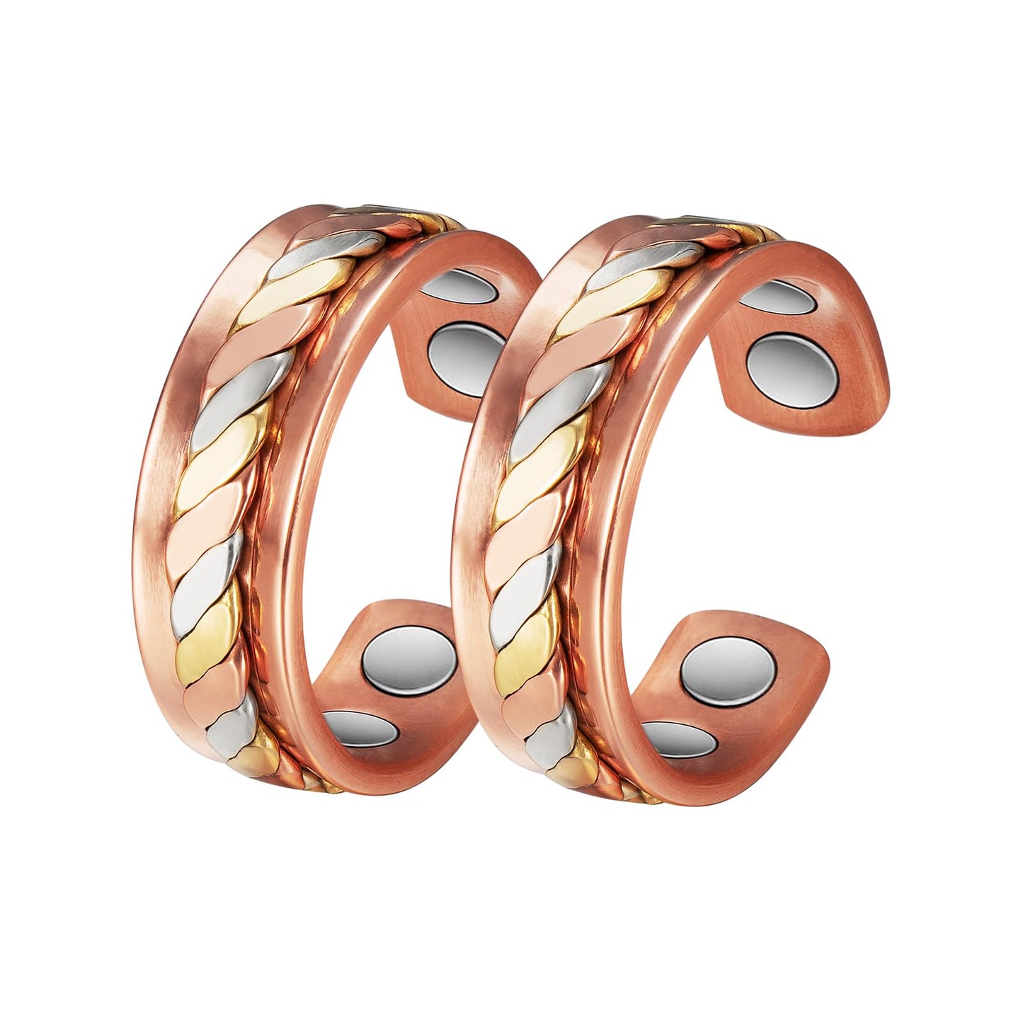 EnerMagiX Copper Rings for Women, Pure Copper Set Three -Color Gold Woven Magnetic Ring, Copper Jewelry Present (0208 2Pcs)