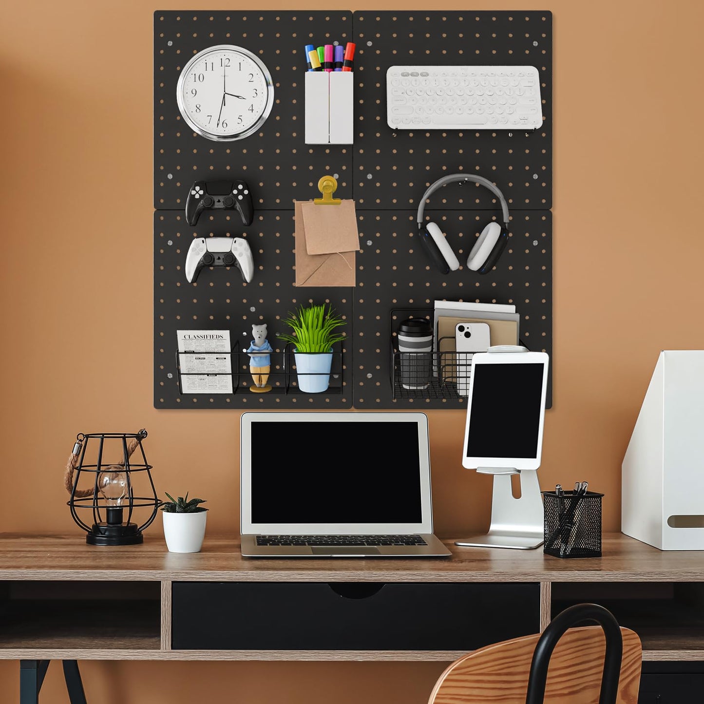 FZK Peg Board, 25pcs PegBoard Wall Organizer, 12in*12in, Includes 4 Black Pegboard and Accessories, Plastic PegBoard for Room, Office, Game Room, Kitchen and Bathroom