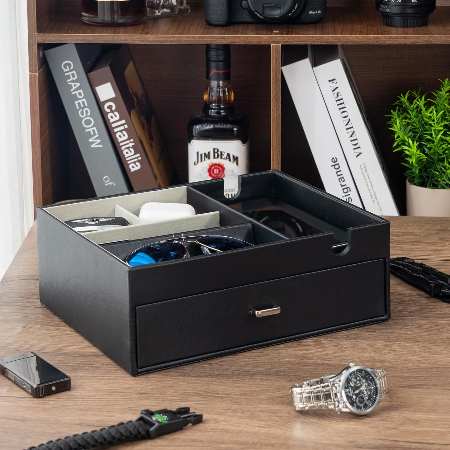 ProCase 2 Layers Valet Tray Gift for Men, Nightstand Organizer EDC Dump Catchall Trays with Phone Charging Station, Dresser Top Table Beside Entryway Storage Box -Black