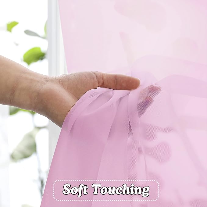 OVZME Light Pink Sheer Window Valance Curtains, Light Filtering Kitchen Valances Windows Treatment, Small Voile Sheer Curtains for Living Room/Bathroom/Basement, Top Dual Rod Pocket, 2PCS