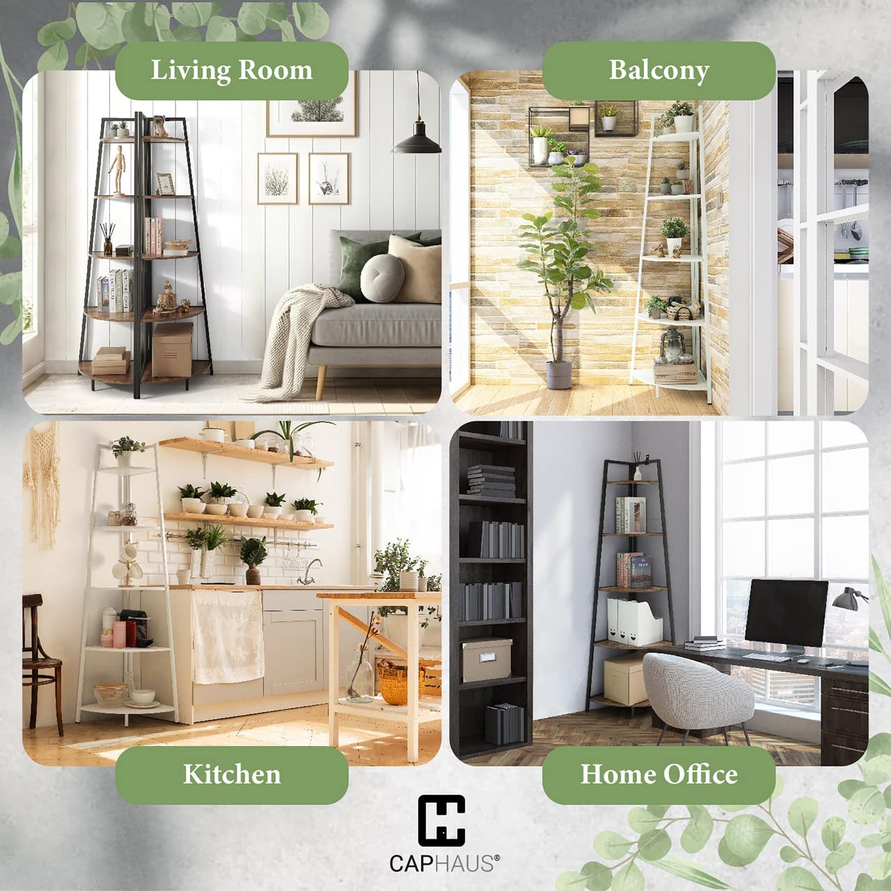 CAPHAUS Tall Corner Shelf Stand, 6-Tier Display Shelves, Ladder Corner Wood Storage Plant Bookshelf with Metal Frame, Versatile Shelving Unit Bookcase for Home Office Space, White
