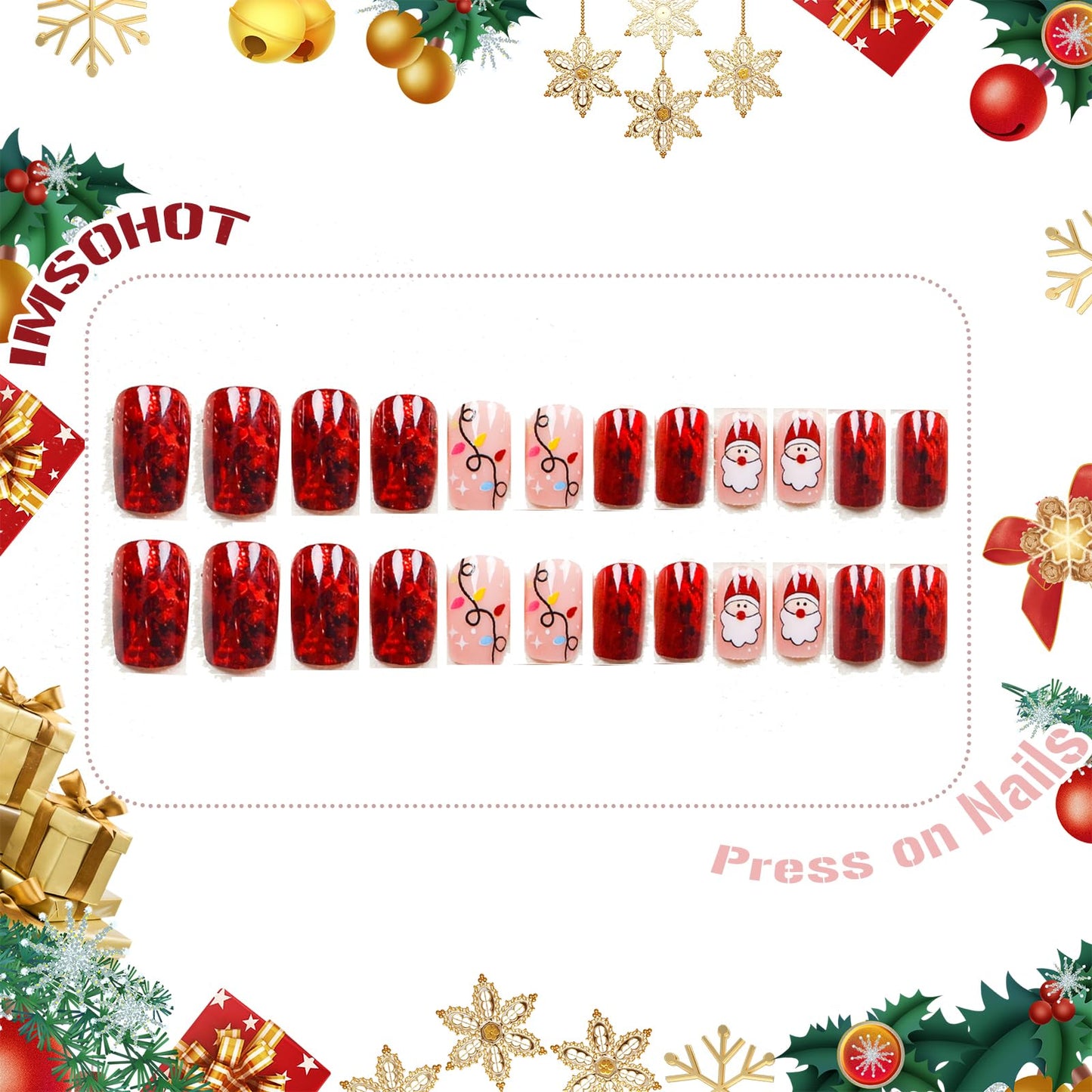 IMSOHOT Press on Nails Short Square Fake Nails Red Shiny False Nails with Santa Pattern Designs Cute Glossy Full Cover Glue on Nails for Women Girls 24Pcs