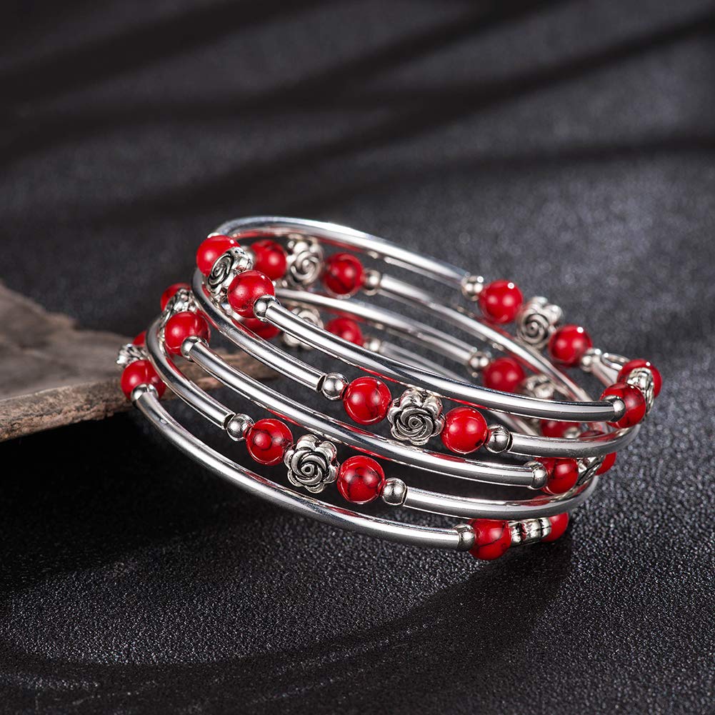 BULINLIN Wrap Bangle Rose Bead Bracelet - Beaded Bracelet with Natural Agate Stone Gifts For Women(01-Red turquoise)