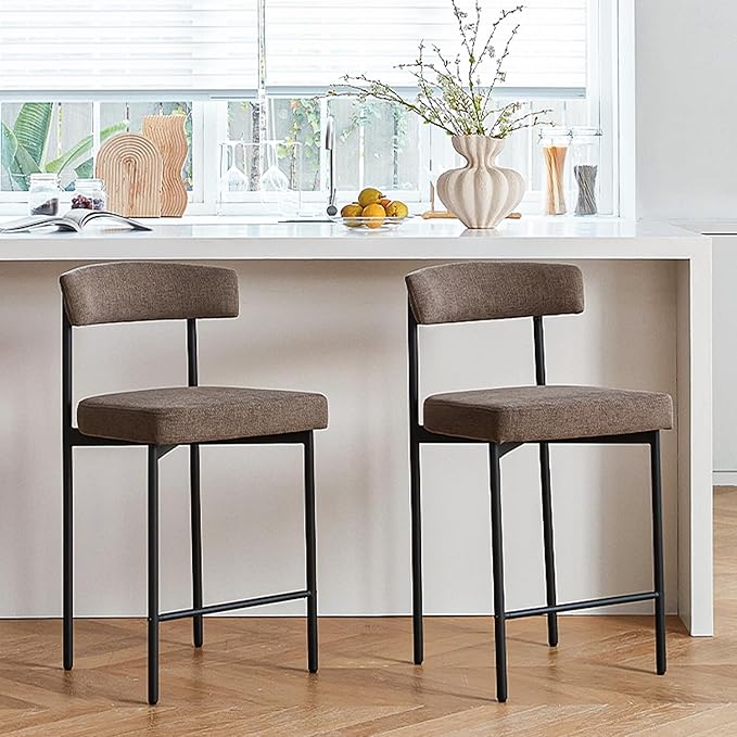 Grey Modern Bar Stools Set of 2, 24 Inch Counter Stools with Curved Backrest, Counter Height Bar Stools for Kitchen Island