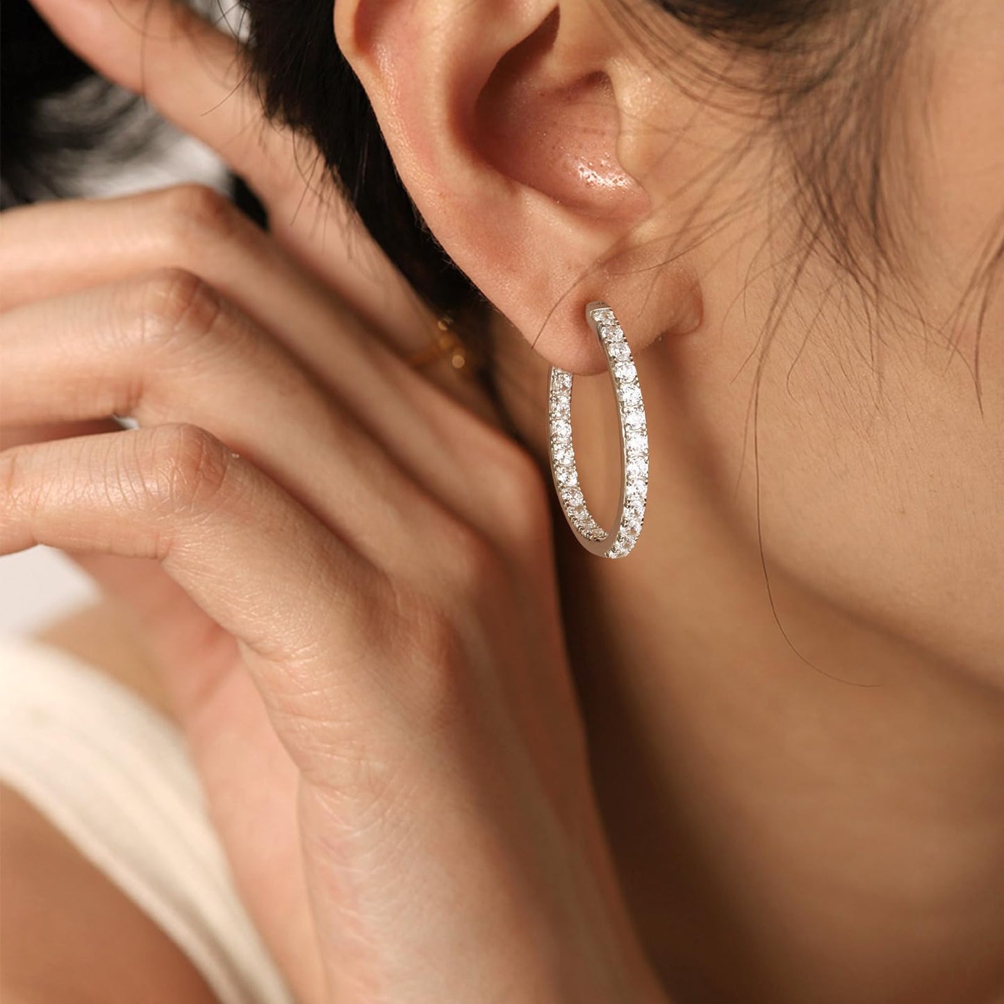 925 Sterling Silver Big Hoop Earrings for Women Trendy Cubic Zirconia Hoops 25mm Large Hoop Earring for Sensitive Ears