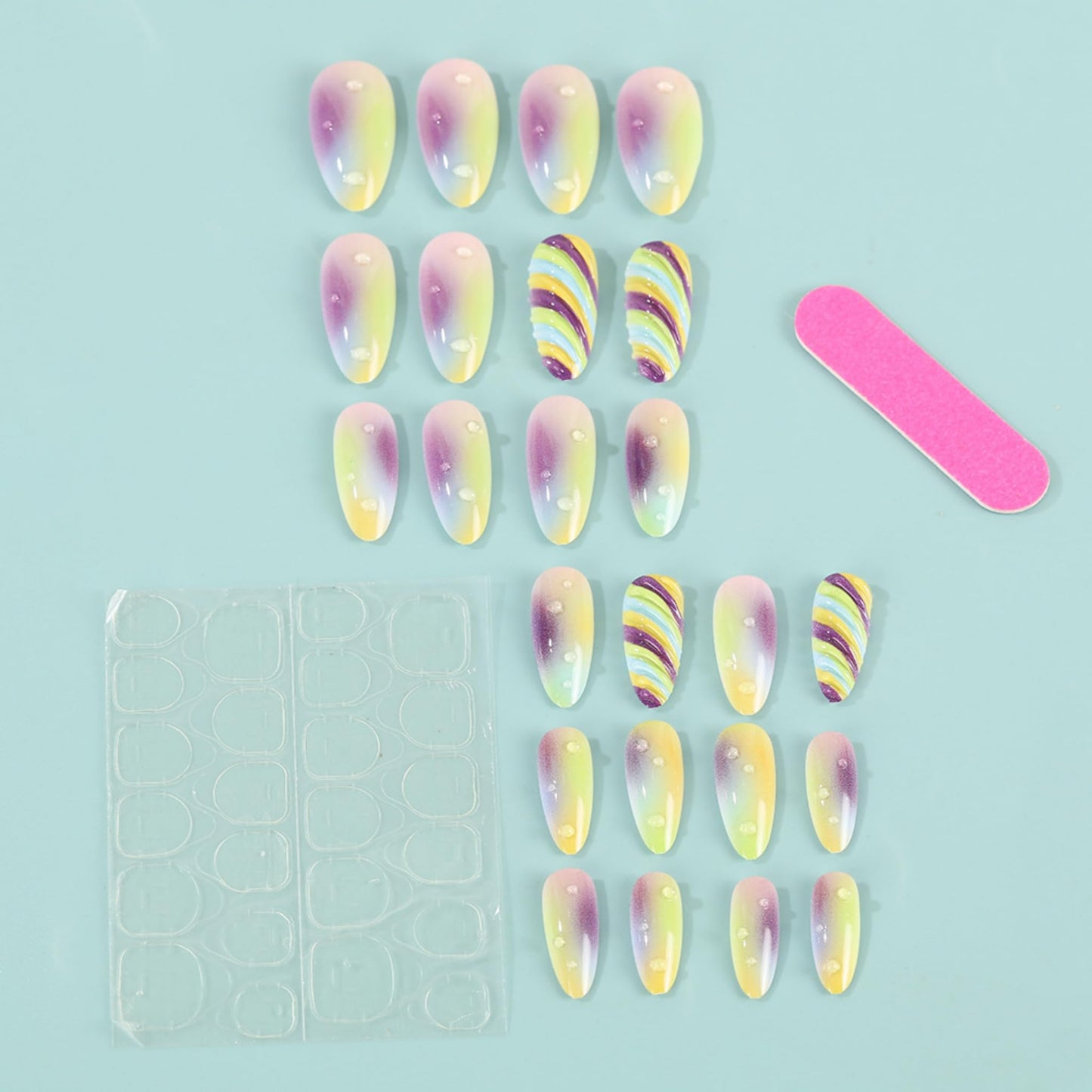 SEENEEY Long Press on Nails Almond Fake Nails Multicolor Artificial Nail Ombre Glitter Stick on Nail for Women 24pcs