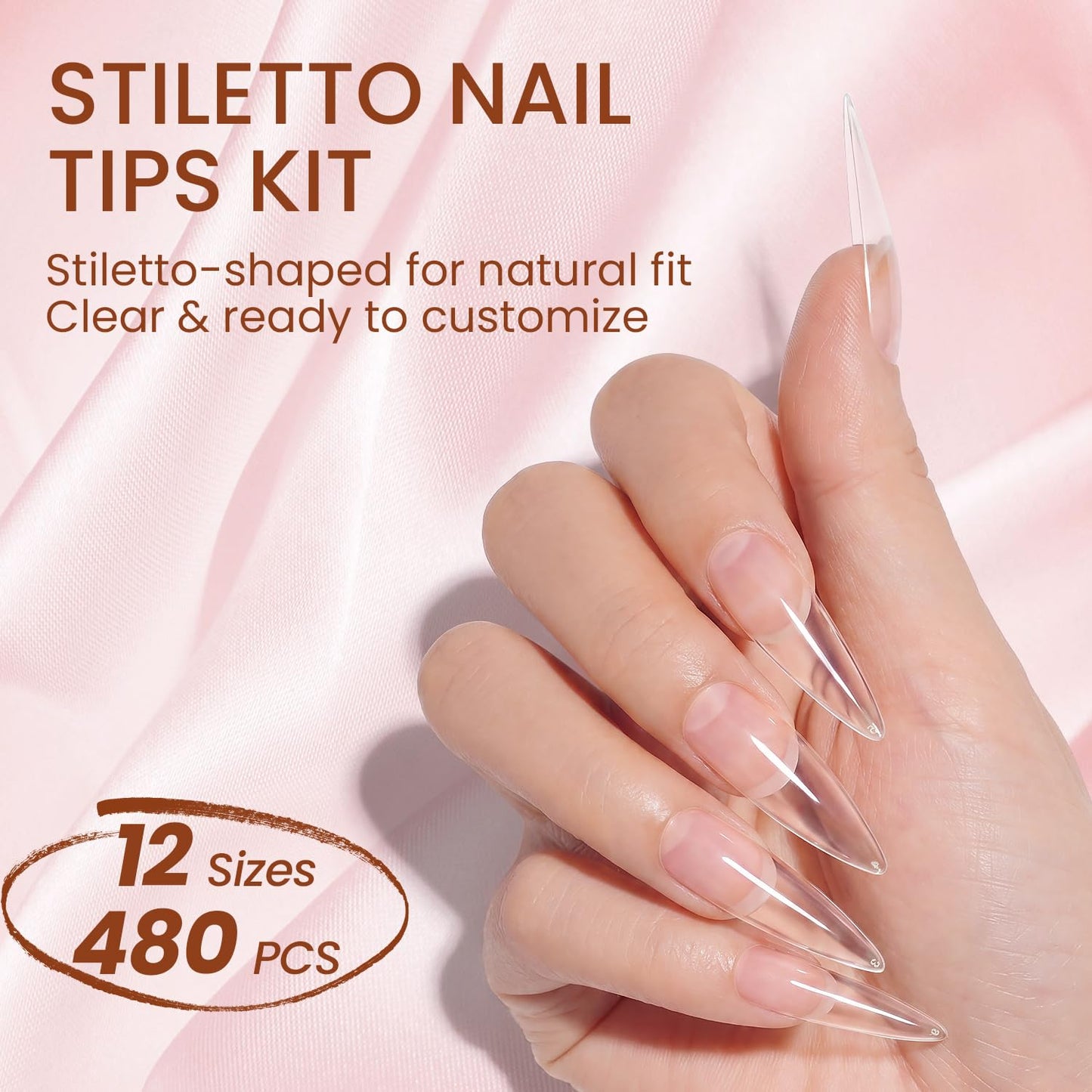 Clear Stiletto Nail Tips Long, MORGLES 480PCS Acrylic Nail Tips Full Cover 12 Sizes (0–11) with Nail Glue, Cutter, Files & Cuticle Tools