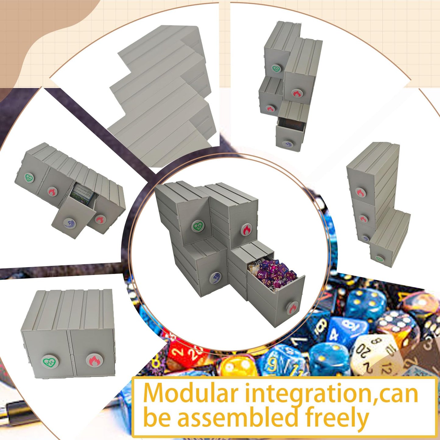 TCGADVN DND Dice Storage Box - Pull-out Storage Mimic Chest Dice Box ，for 180 Dice, Modular Integration, Can Be Assembled Freely, Protective Novelty Dice Holder for Tabletop Dice（4pcs