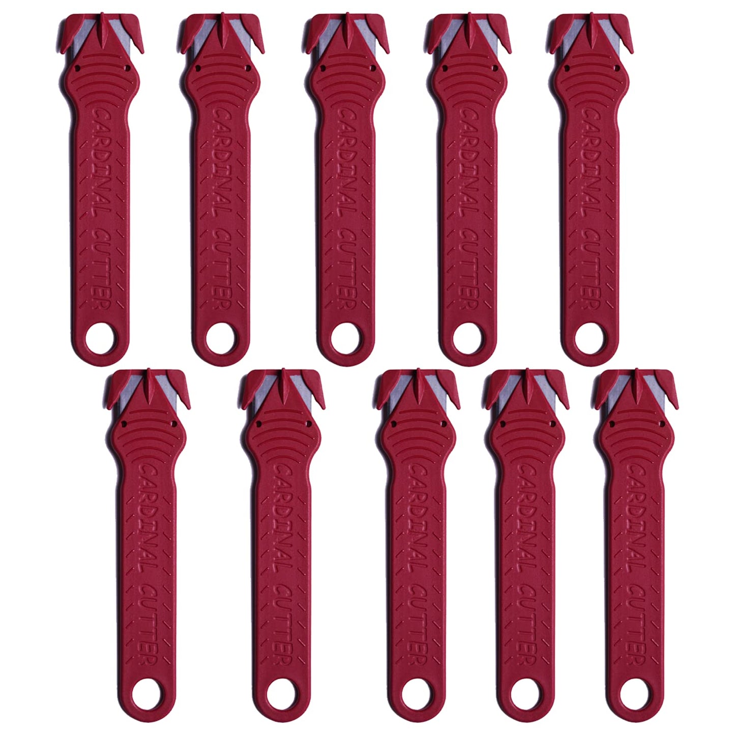 Cardinal Safety Box Cutter with Concealed Stainless Steel Blade, Package Opener Plastic Cutter for Box, Carton, Shrink Wrap, Plastic Straps (Red,Pack of 10)