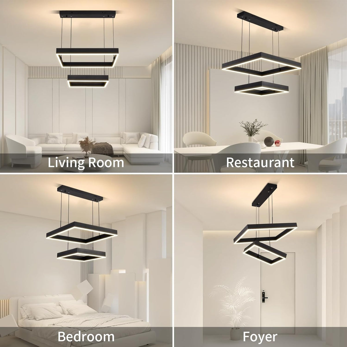 Modern Led Rectangle Chandelier for Dining Room, Dimmable Black Modern Chandelier with Remote, Adjustable Foyer Lighting Fixture