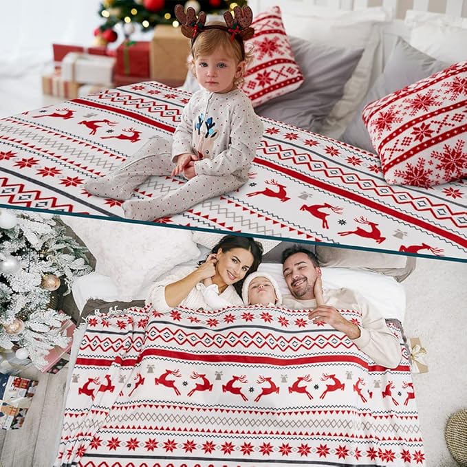 PAVILIA Christmas Throw Blanket | Holiday Christmas Reindeer Snowflakes Fleece Blanket | Soft, Plush, Warm Winter Cabin Throw,60x80 (White Reindeer)