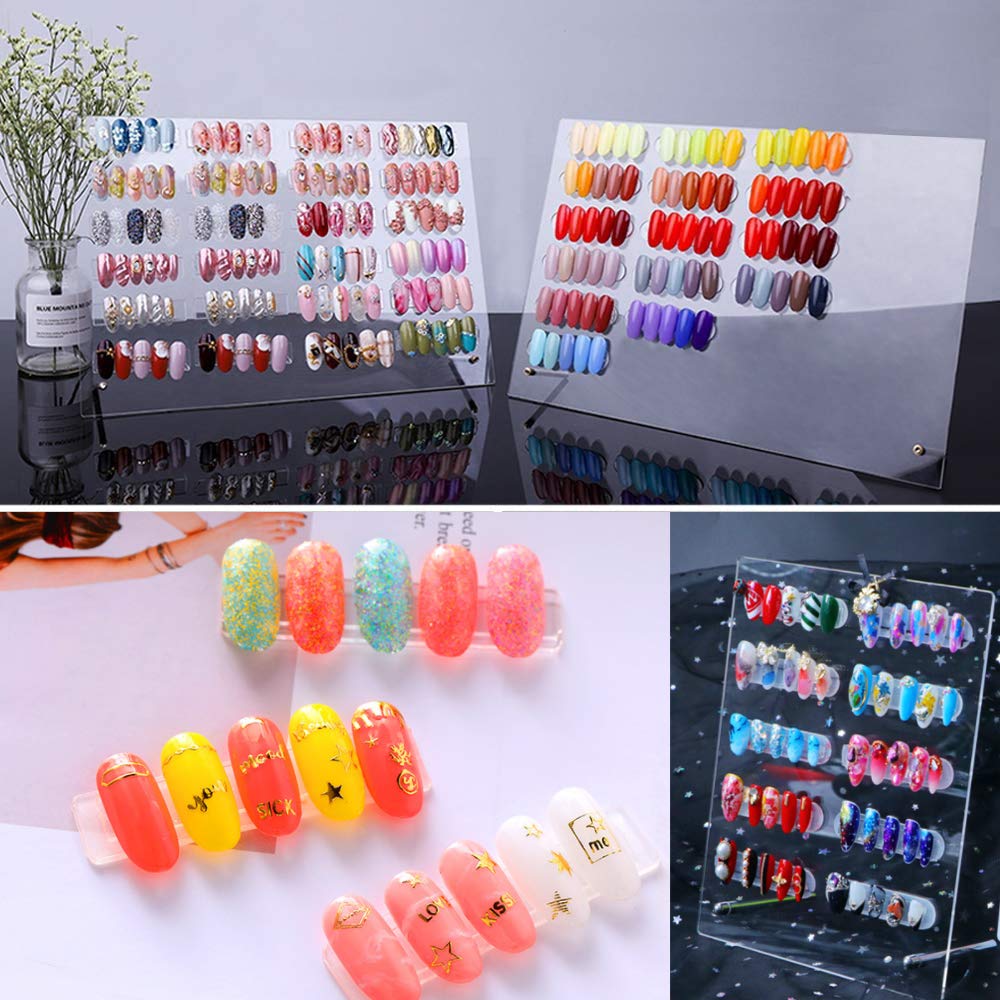 BetterJonny 1PCS Transparent Acrylic Nail Art Display Holder, 50PCS Stand With 3M Double Sided Tape for Professional Salon False Sample Display