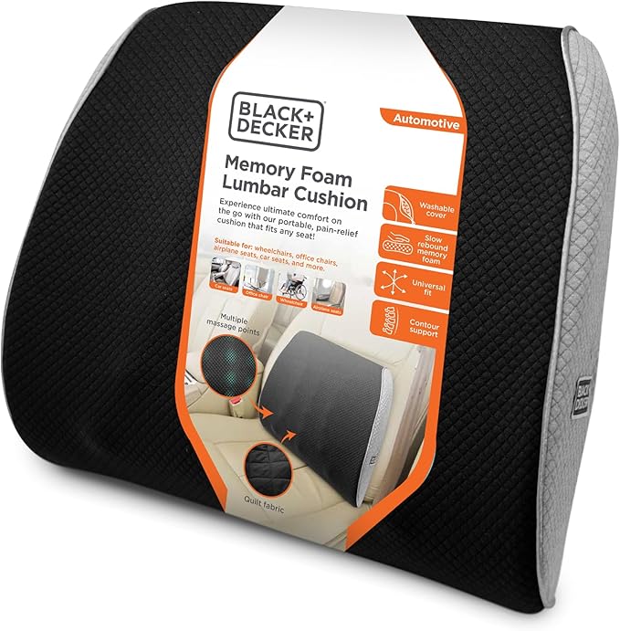 BLACK+DECKER Memory Foam Lumbar Support Pillow Lumbar Cushion with Multiple Massage Points for Office, Car, Wheelchair & Airplane Ergonomic, Pain Relief, Adjustable Strap, Washable Cover, Black/Grey