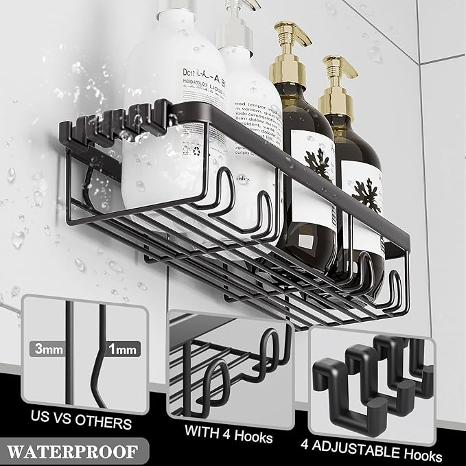 Adhesive Shower Caddy, 5-Pack Shower Caddy Hanging Bathroom Storage Organization, No Drilling Shelves with Soap Caddy & Toothbrush Wall-Mounted Shower Holder, Rustproof Bathroom Shelves