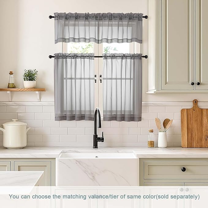 Grey Sheer Curtains Tier 30 Inches Length 2 Panels, Light Filtering Lightweight Soft Window Drapes, Cute Elegant Cafe Curtains for Nursery, Dual Rod Pocket, Charcoal Grey, 2x42Wx30L Inches