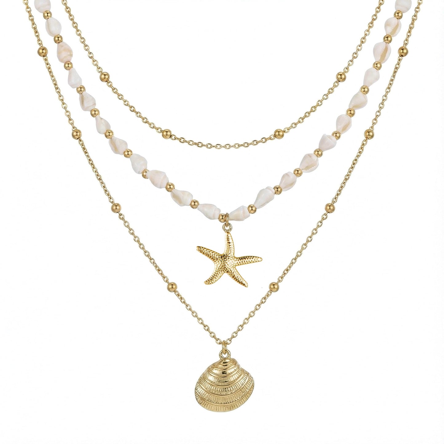 Seashell Starfish Necklace for Women Conch Shell Summer Pearl Beach 14k Gold Layered Dainty Choker (3 Layered Necklace)
