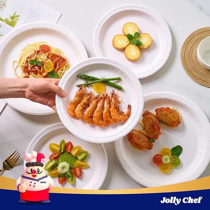 JOLLY CHEF10 inch 140 Pack Disposable Paper Plates,Soak Proof, Cut Proof, Microwave Safe Heavy Duty Paper Plates Everyday Use
