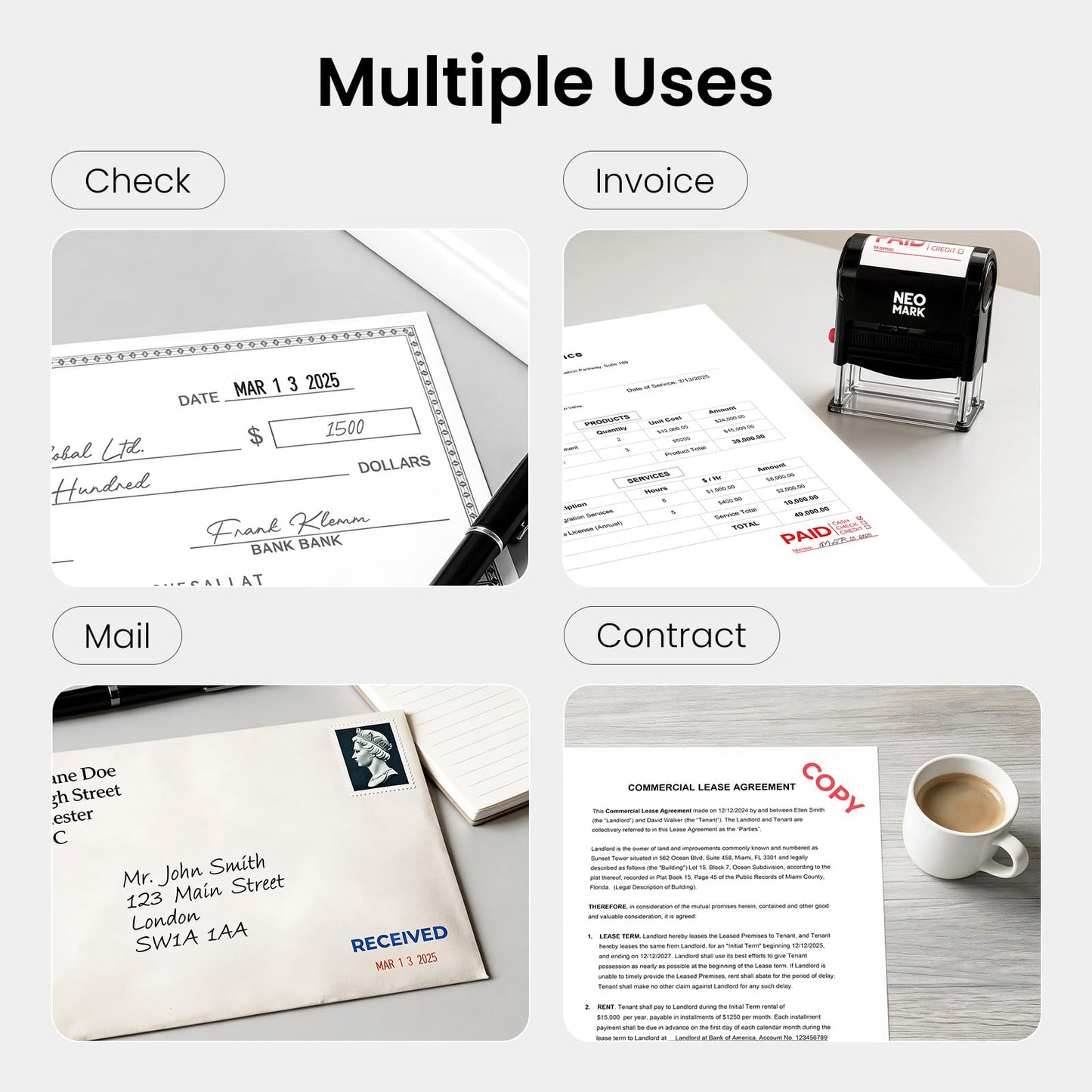 NEO MARK Self-Inking Date Office Stamp with Received Blue Ink & Date Red Ink, 12-Year Adjustable Rubber Dater, Ideal for Documents, Business & Accounting - with an Extra Refill Ink Pad