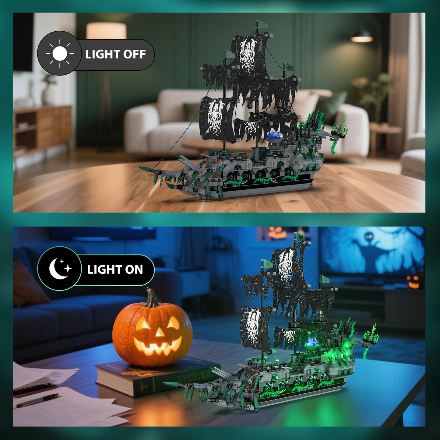 Brihappen Ghost Ship Flying Dutchman Building Blocks Set for Adults (1100 Pieces) - Pirate Ship Model with Light Home Office Collection, Birthday Gifts for Building Blocks Lover