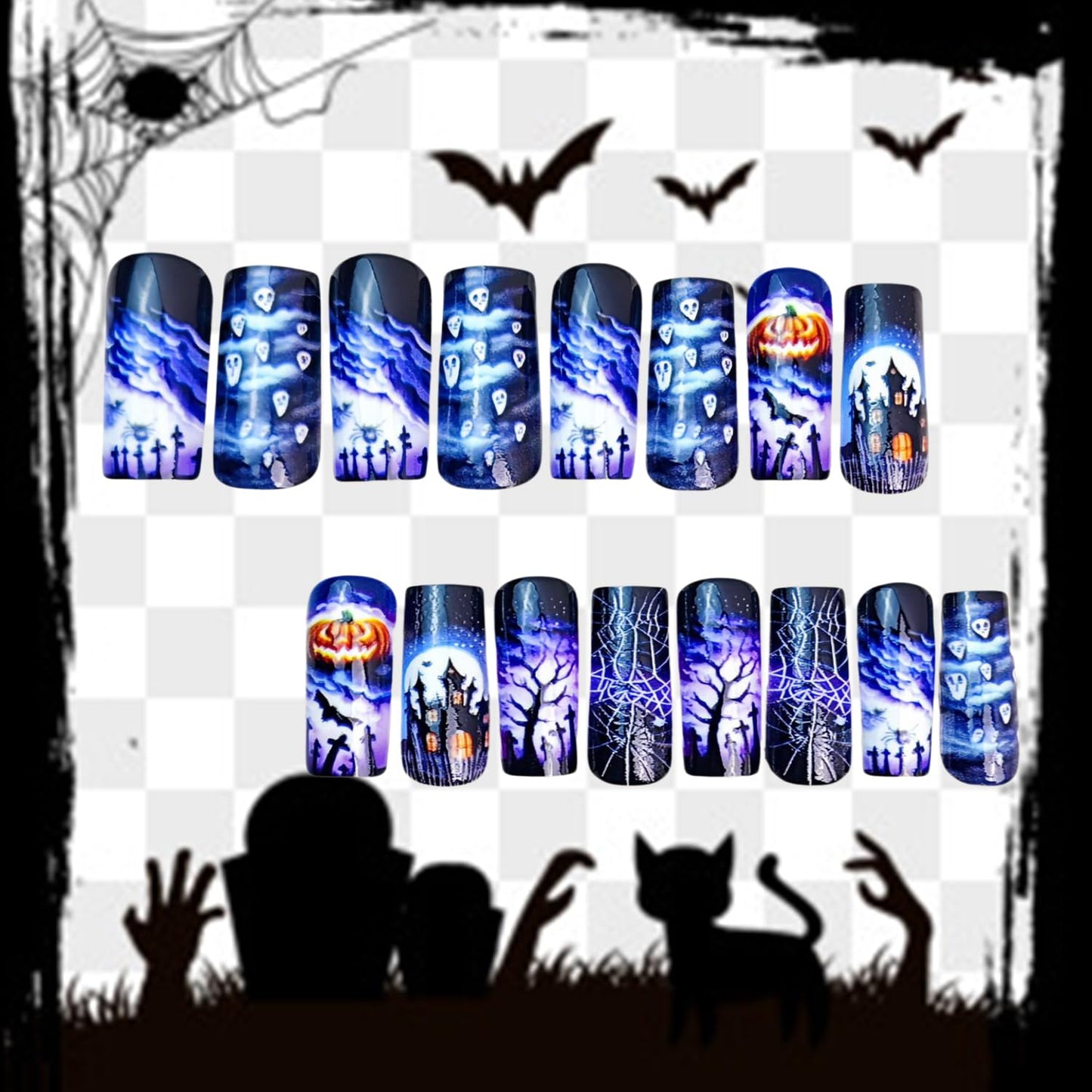 Halloween Press on Nails Long Ballet Shaped Bat Spider Web False Nails Full Cover Artificial Acrylic Fingernails Ghost Pumpkin Design Halloween Nail Glossy Festivla Glue on Nails for Women Supplies