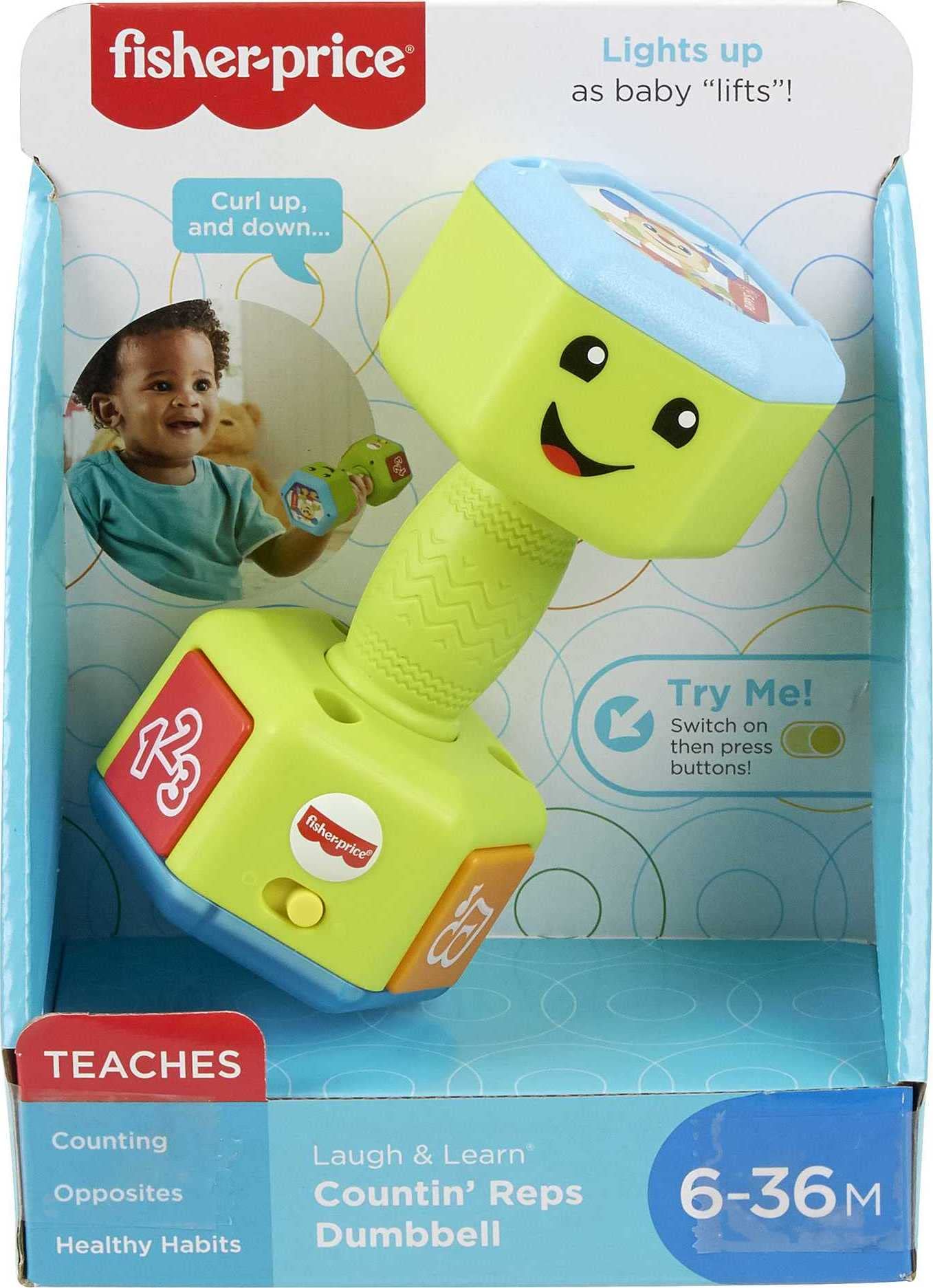 Fisher-Price Baby & Toddler Toy Laugh & Learn Countin’ Reps Dumbbell Rattle with Learning Lights & Music for Infants Ages 6+ Months