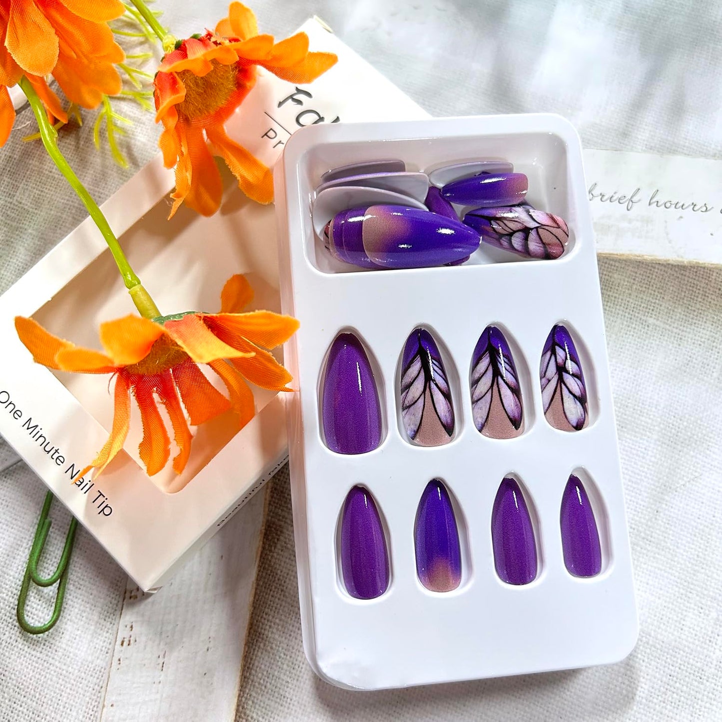 Dark Purple Gradient Press on Nails Medium Almond Shaped Purple Feather Pattern Design Full Cover Glossy Acrylic False Nail Almond Tip Artificial Fingernails Reusable Press Ons Glue on Nails for Women