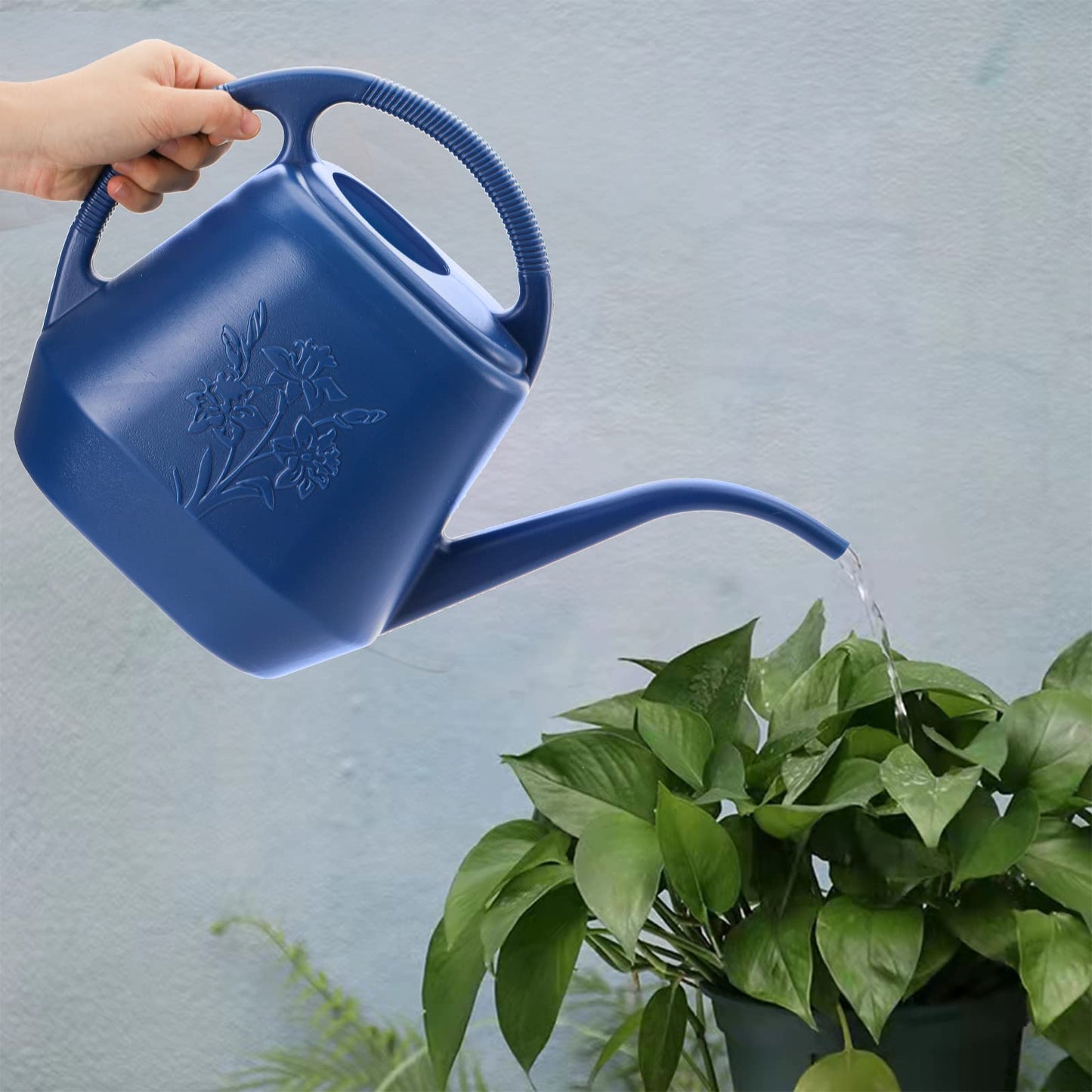 Fasmov 1-Gallon Plastic Watering Can with Comfortable Handle, Garden Watering Cans Long Spout for Indoor Outdoor Watering Plants, Blue