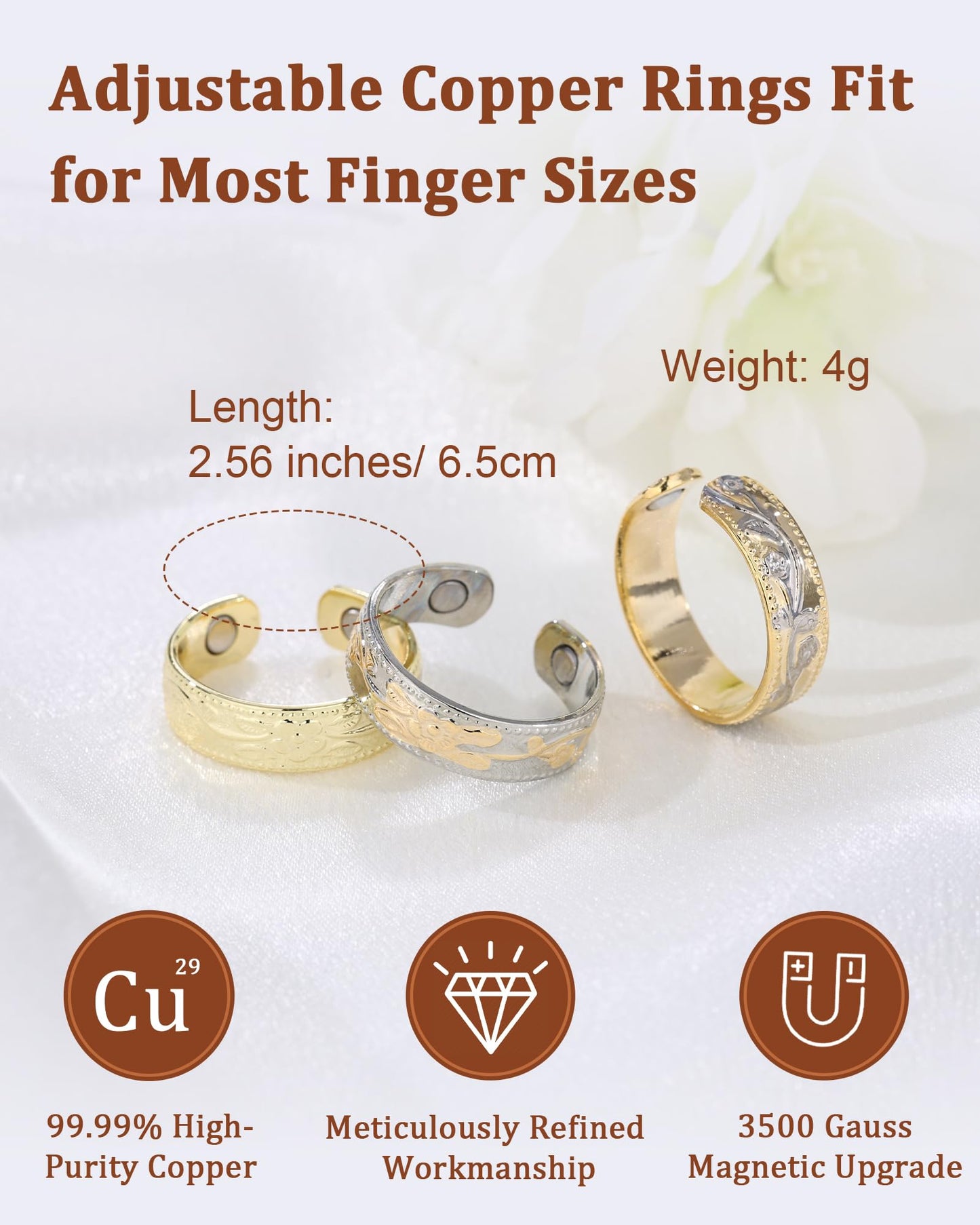 BioMag Magnetic Lymphatic Drainage Ring Set, 3 Pcs 99.99% Pure Copper Magnetic Rings for Women with 3500 Gauss Magnets, Adjustable Size, Floral Branch and Leaf Pattern