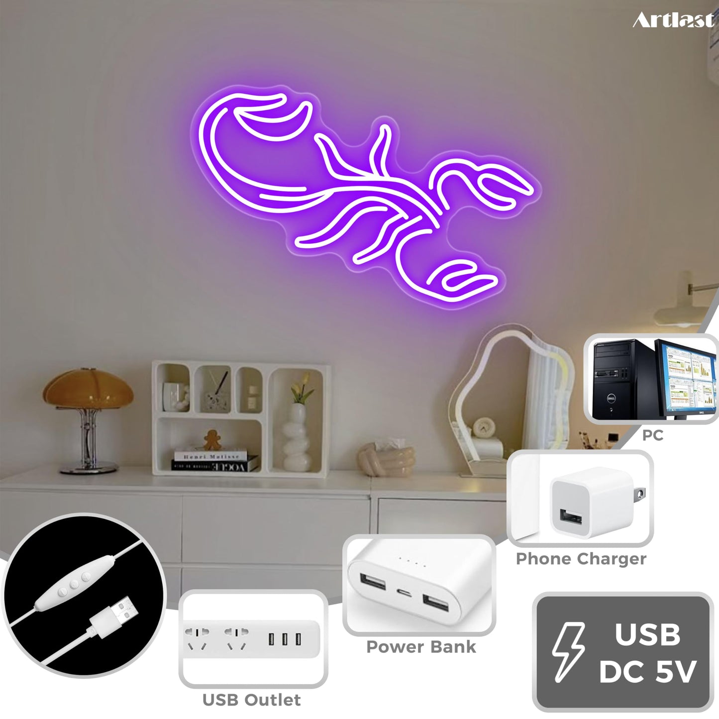 Scorpion LED Neon Sign Wall Art for Bedrooms, Gamer Rooms, Decor for Scorpios, Gift for Astrology Fans, Zodiac LED Sign, Purple Neon, Dimmable Neon Light, USB Powered Neon