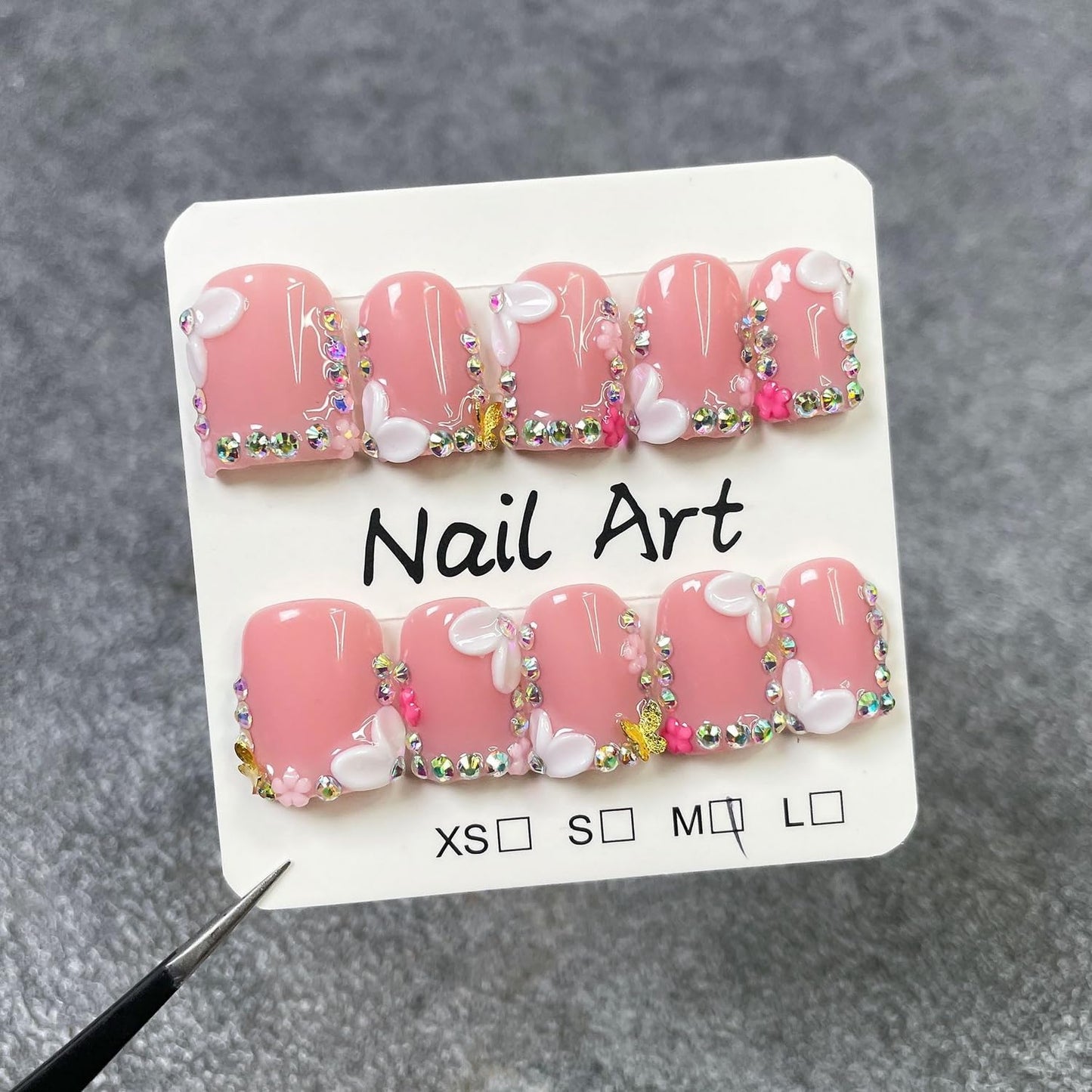 Handmade Square Press on Nails Short Rhinestone French Tip Fake Nails with Luxury 3D Flower Designs Muti-Layer Gel False Nail Full Cover Acrylic Nails Stick on Nail for Wome (Size M)