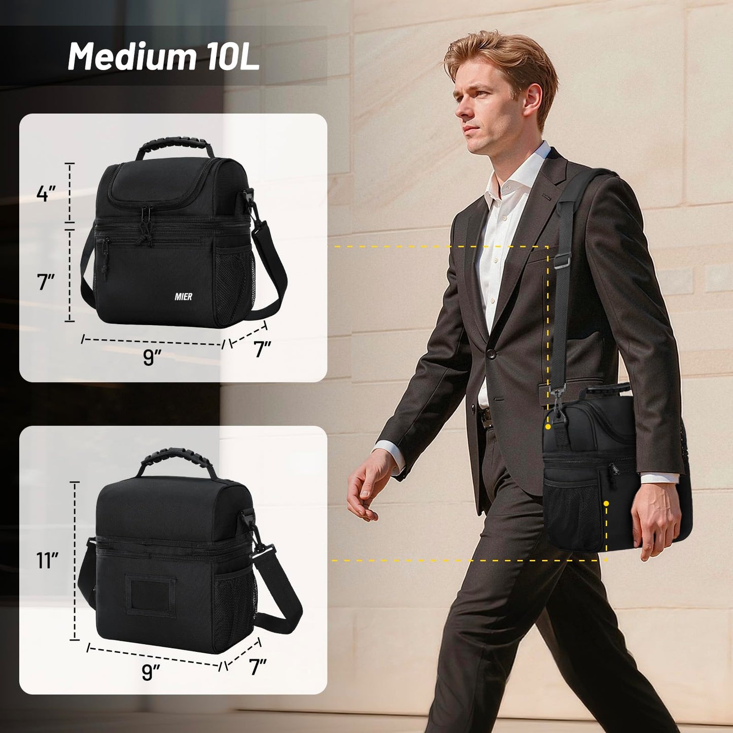 MIER Insulated Lunch Box Dual Compartment Lunch Bag Leakproof Cooler for Men Women Adult Work, Black, Medium (Upgraded Extra-Tall Bottom Layer)