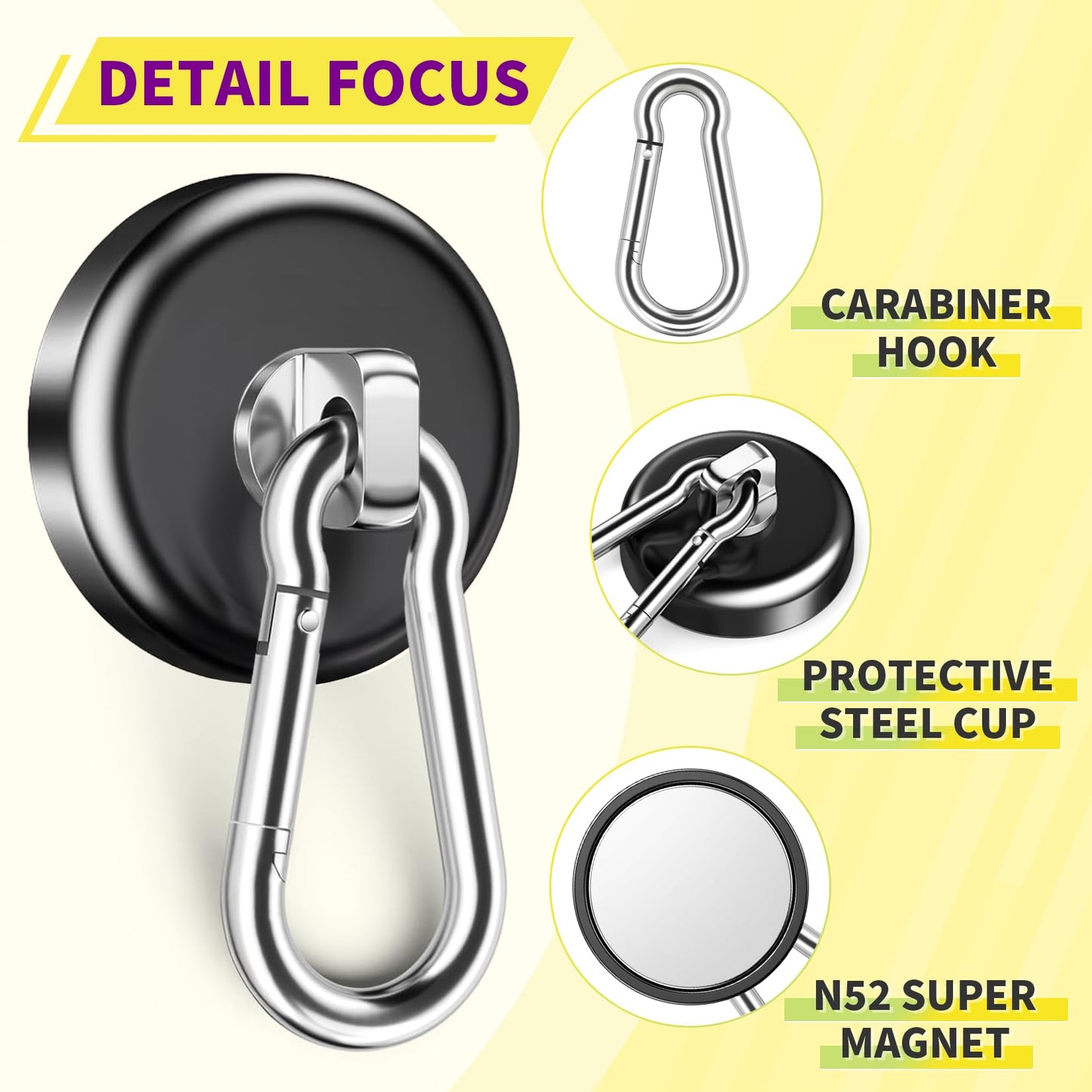 Niuknow Magnetic Hooks for Cruise Cabins, 150LBS Neodymium Extra Strong Magnetic Hooks with Swivel Carabiner for Hanging for Grill, Office, Kitchen, Classroom, 10 Pack, Black