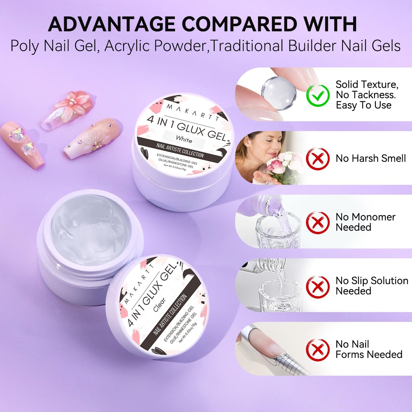 Makartt 3D Gel Nail Art for Nails Starter Kit: Clear and White 3D Sculpting Gel Non-Sticky Molding Carving Glue Extension Builder DIY Manicure Gold & Silver Chrome Powder Solid Soak Off Hard Gels