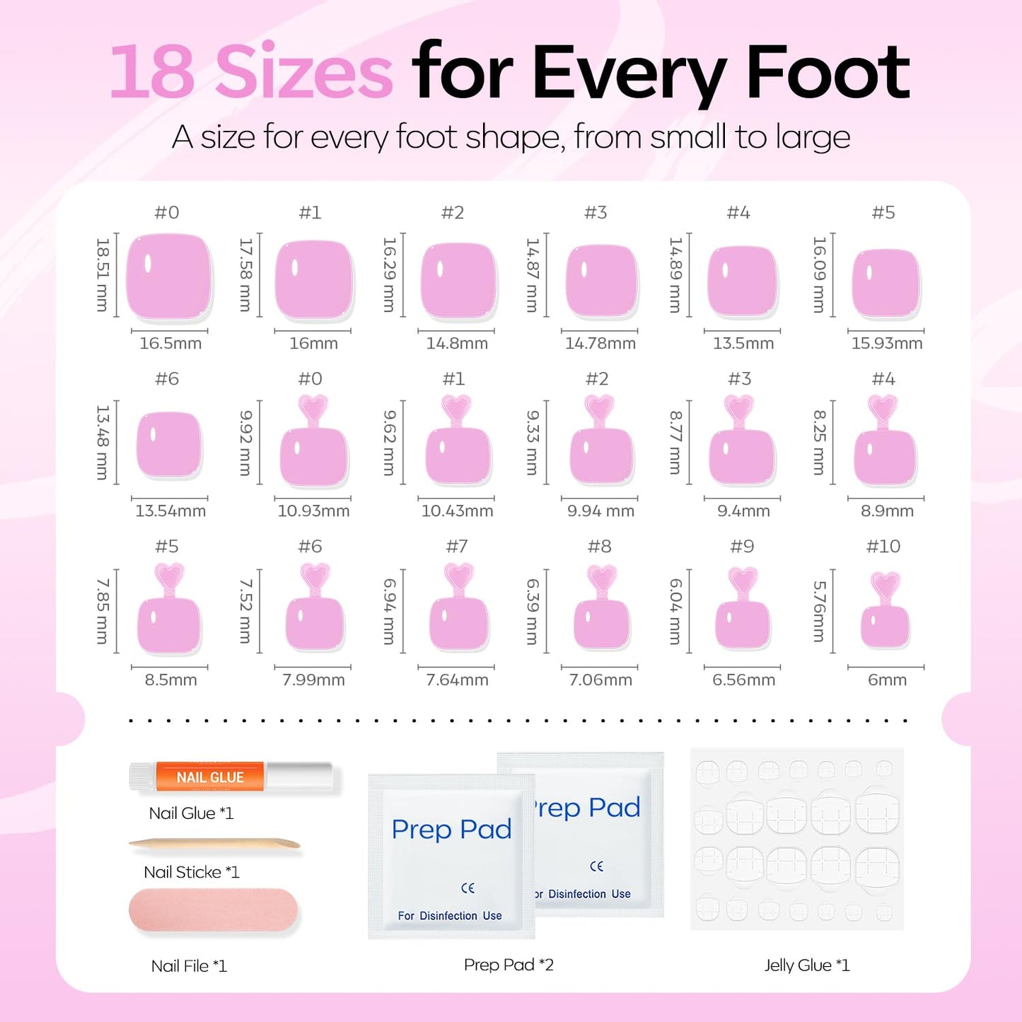 Modelones Press on Toenails Short, Lilac Pink Toe Press on Nails Square, Reusable Nail Kit with Nail Glue Adhesive Tabs Mini Nail File, Toe Nails 36Pcs 18Sizes, Spring Summer Women Girl Gift