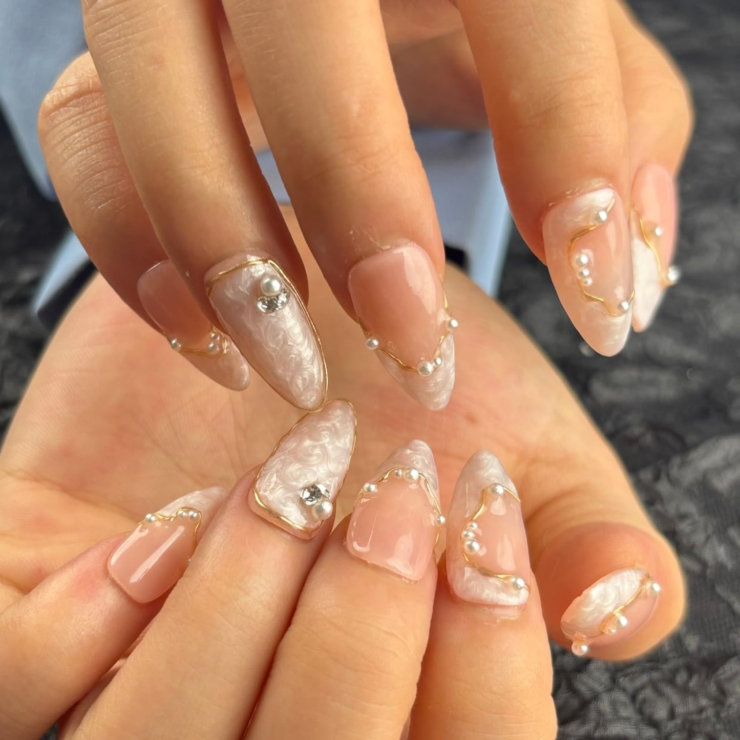 AKA Unicorn Large Handmade Press On Nails Short Almond,Nude Pink Acrylic Nails,Luxury Nail Press On with Charm Pearl Design for Wedding&Party Wear-True Love Design Concept