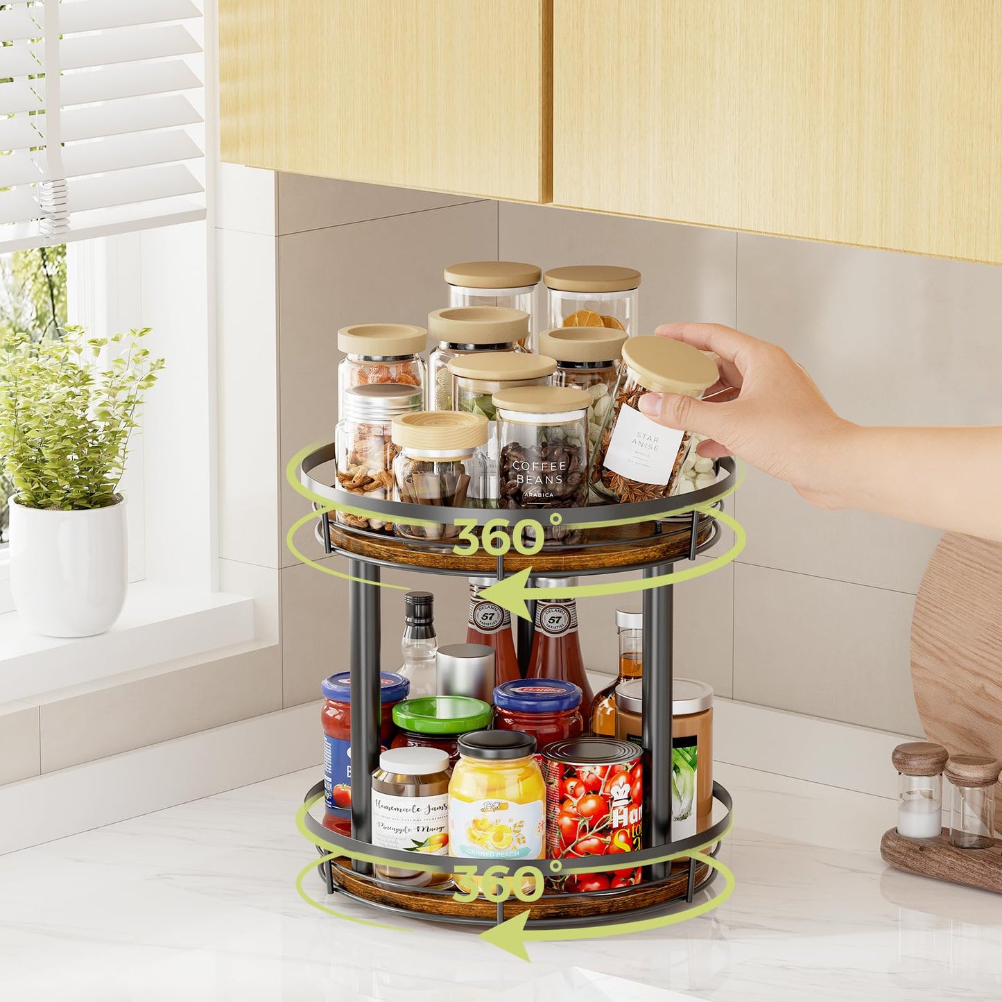 LAMU 10'' Wood Lazy Susan Spice Rack Organizer, 2 Tier Spice Organization for Cabinet, Countertop, Kitchen, Table Top, Pantry, Condiment and Seasoning Rack Organizer