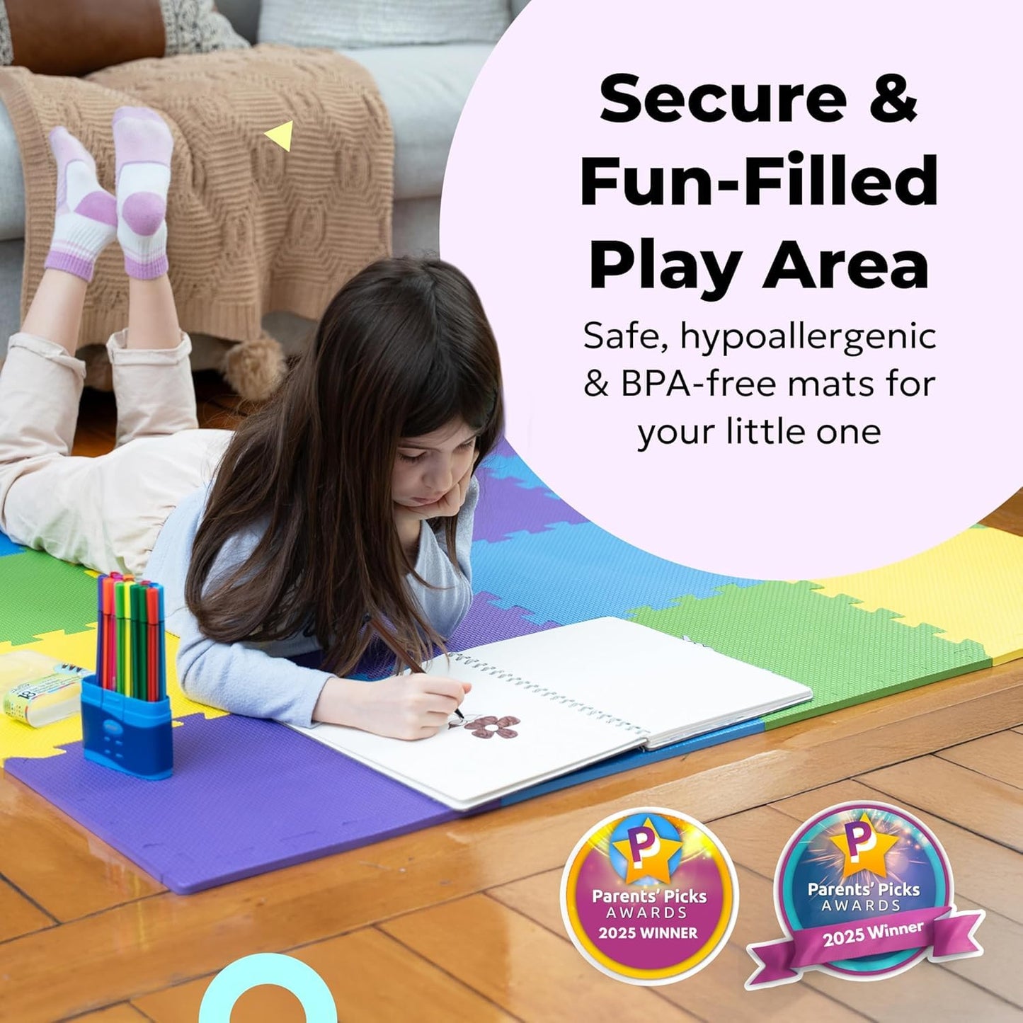 MioTetto Baby Playpen & Foam Play Mat Bundle (16 Tiles) – Large 50x50 Safety Play Yard with Breathable Mesh & Extra Thick EVA Interlocking Floor Mat | Purple, Canary, Emerald & Indigo