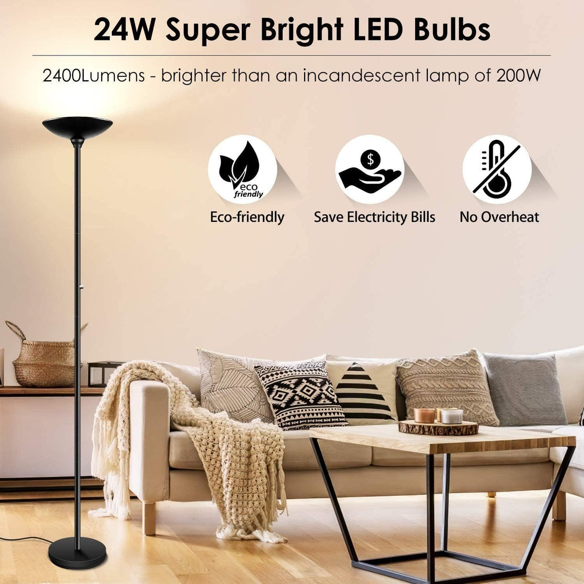BoostArea Torchiere Floor Lamp, 30W Super Bright LED Standing Lamp, Stepless Dimmable Pole Lamp with 3000K Lighting, Rotary Switch, 70 Inch Tall Metal Modern Floor Lamps for Living Room/Bedroom Black