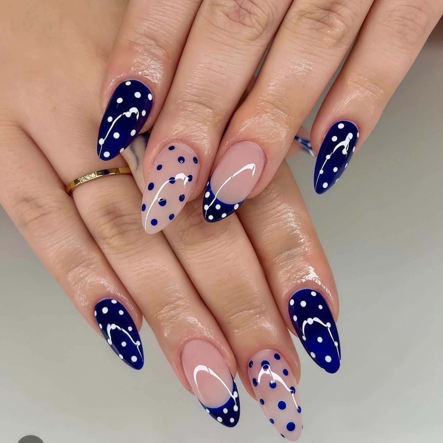 5D Flower Press on Nails Medium Almond Nails Press on with Gold Charm Design Glossy Nude Fake Nails Rhinestones Star Glue on Nail Reusable Marble Nail for Women Manicure 24Pcs