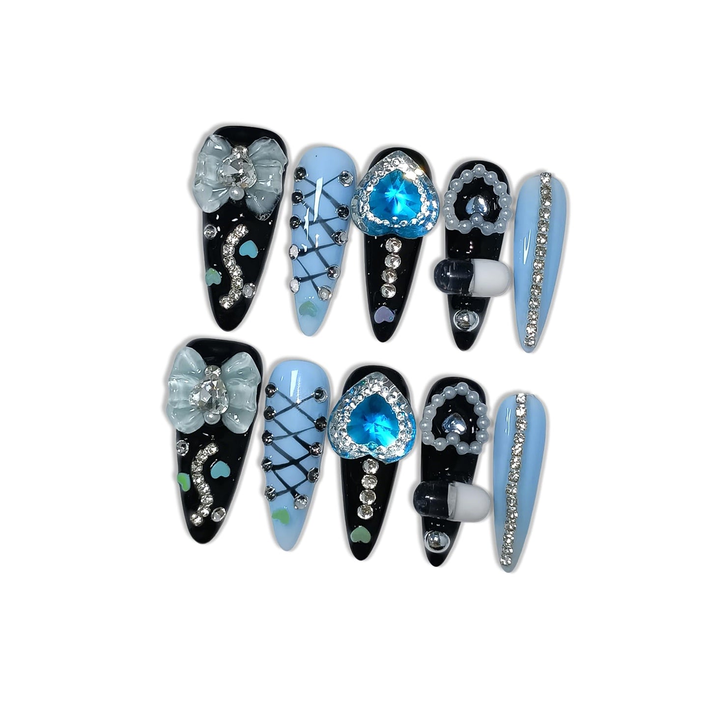 Hantyer Gothic Blue Press on Nails with Tools Kit, 10pcs Long Stiletto Matte Black & Blue Nails, Blue Rhinestones, Bows & 3D Hand-Painted Art, Reusable & Easy Apply for Night Events (Size S)