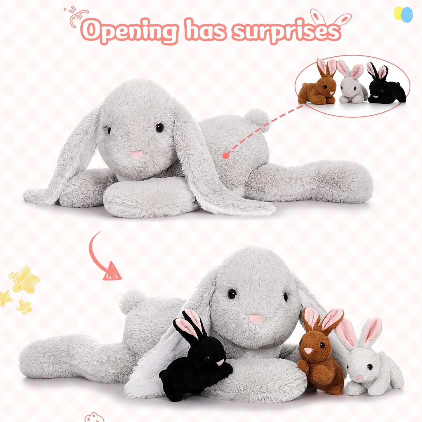 MaoGoLan 4Pcs Large Bunny Stuffed Animal with 3 Babies Inside, 24" Giant Easter Bunny Plush Toys, Soft and Cuddly Gray Stuffed Rabbit Gift for Kids,Girls,Boys,Teens