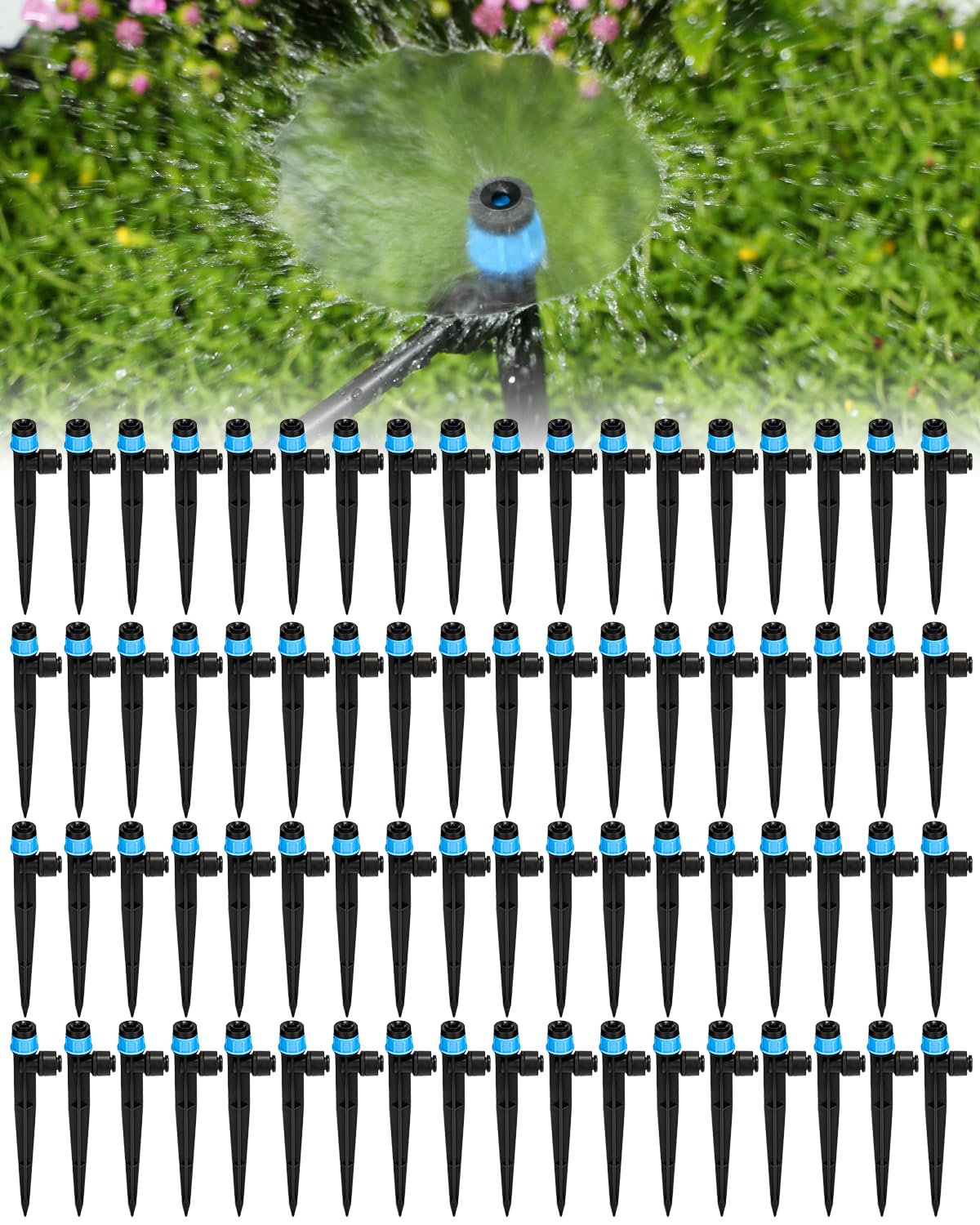 Landtouch 72Pack Drip Irrigation Parts, Quick Connect 1/4" Adjustable 360° Emitter Sprinklers with 6" Stake, Easy-Clean for Garden & Farm Irrigation Systems