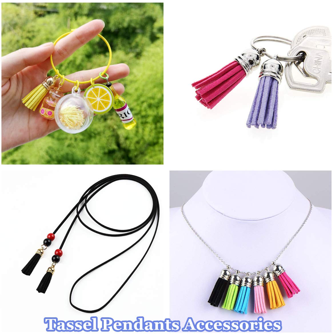 MSCFTFB 100 Pieces 1.5inch Mini Tassels Faux Suede Mala Tassel Kit for Earring Necklace Jewelry Making Garland Keychain Charms DIY Crafts (Assorted)