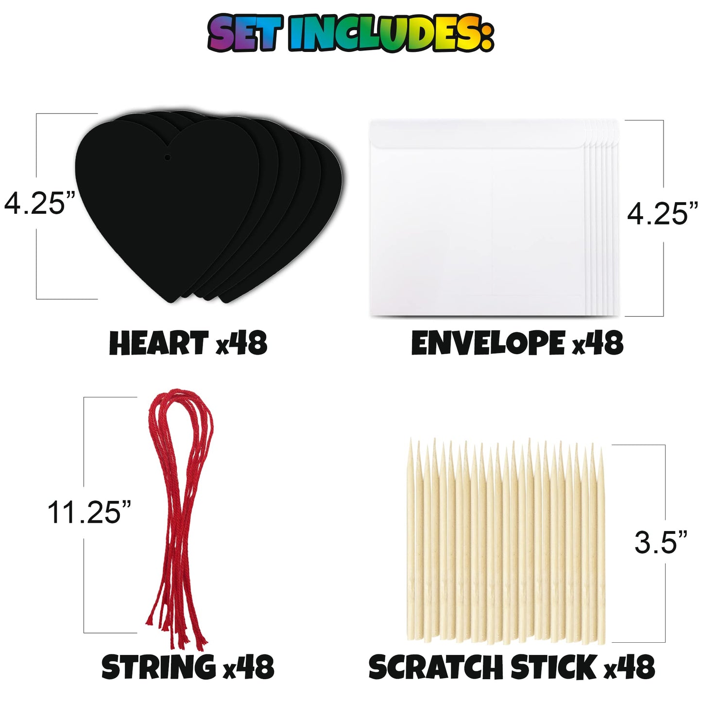 ArtCreativity 48 Pack Scratch Off Valentine Cards for Kids Classroom, Set of 48 Valentine Cards Ink-Free Scratch Off Hearts with Sticks, Red String, and Envelopes, Valentines Crafts