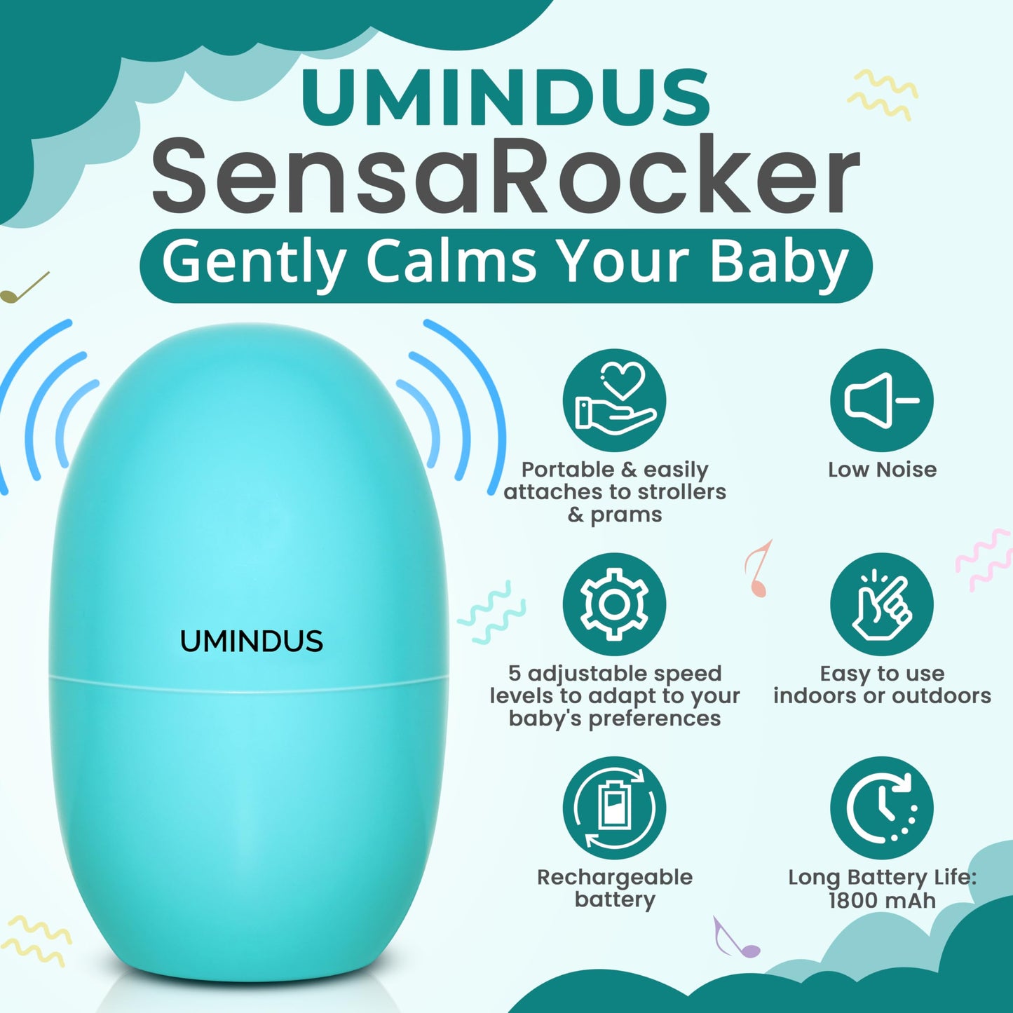 SensaRocker 2-in-1 Baby Stroller Rocker & Portable Sound Machine, Hands-Free Soothing with 5 Speeds, 9 Sounds, Night Light, Rechargeable, 2 Mounts for Strollers, Bassinets & Car Seats