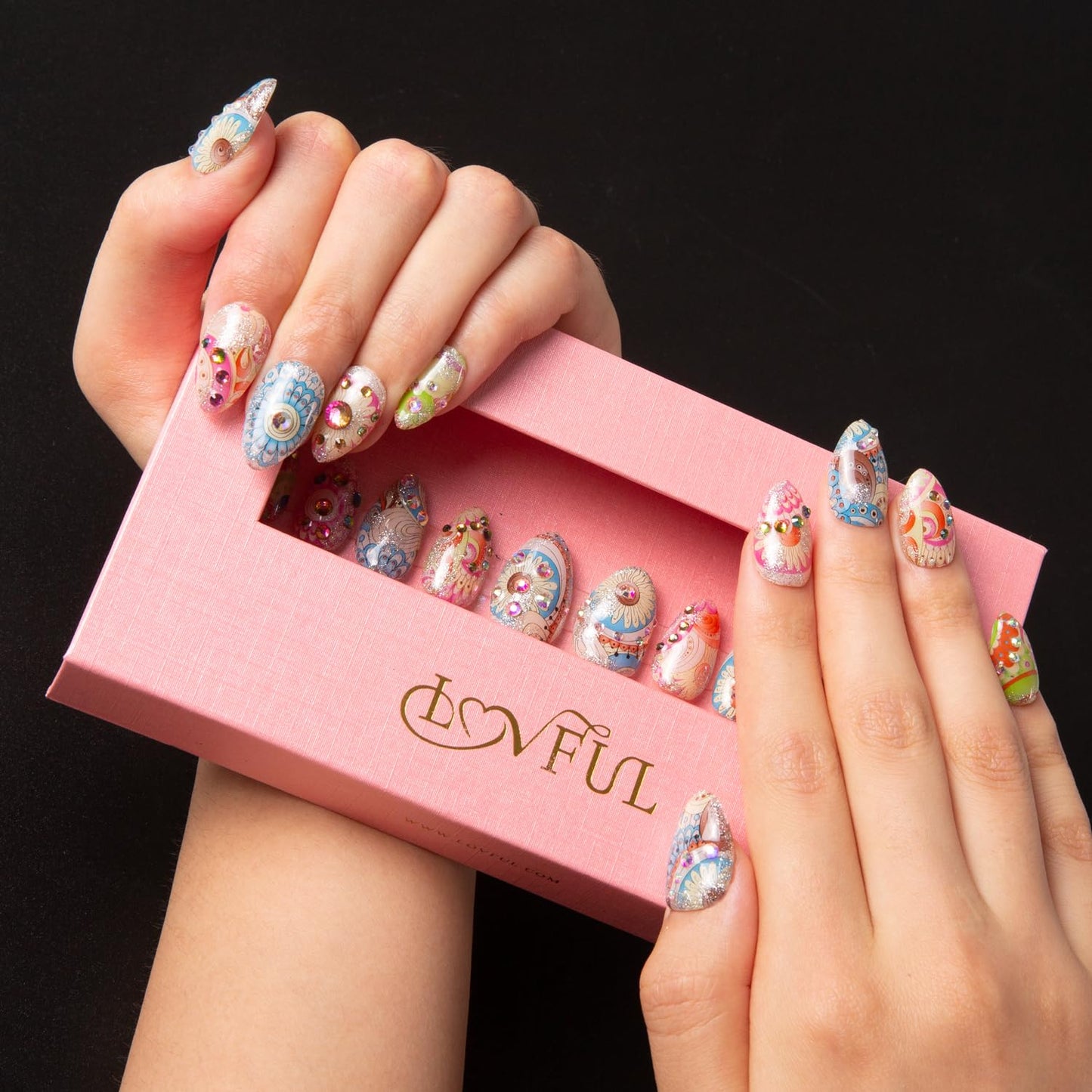 LOVFUL Press on Nails Boho Rhapsody | Handmade with Full Covered Crystals | Reusable Fake Nails | Almond Short 0.8 in | H57-M